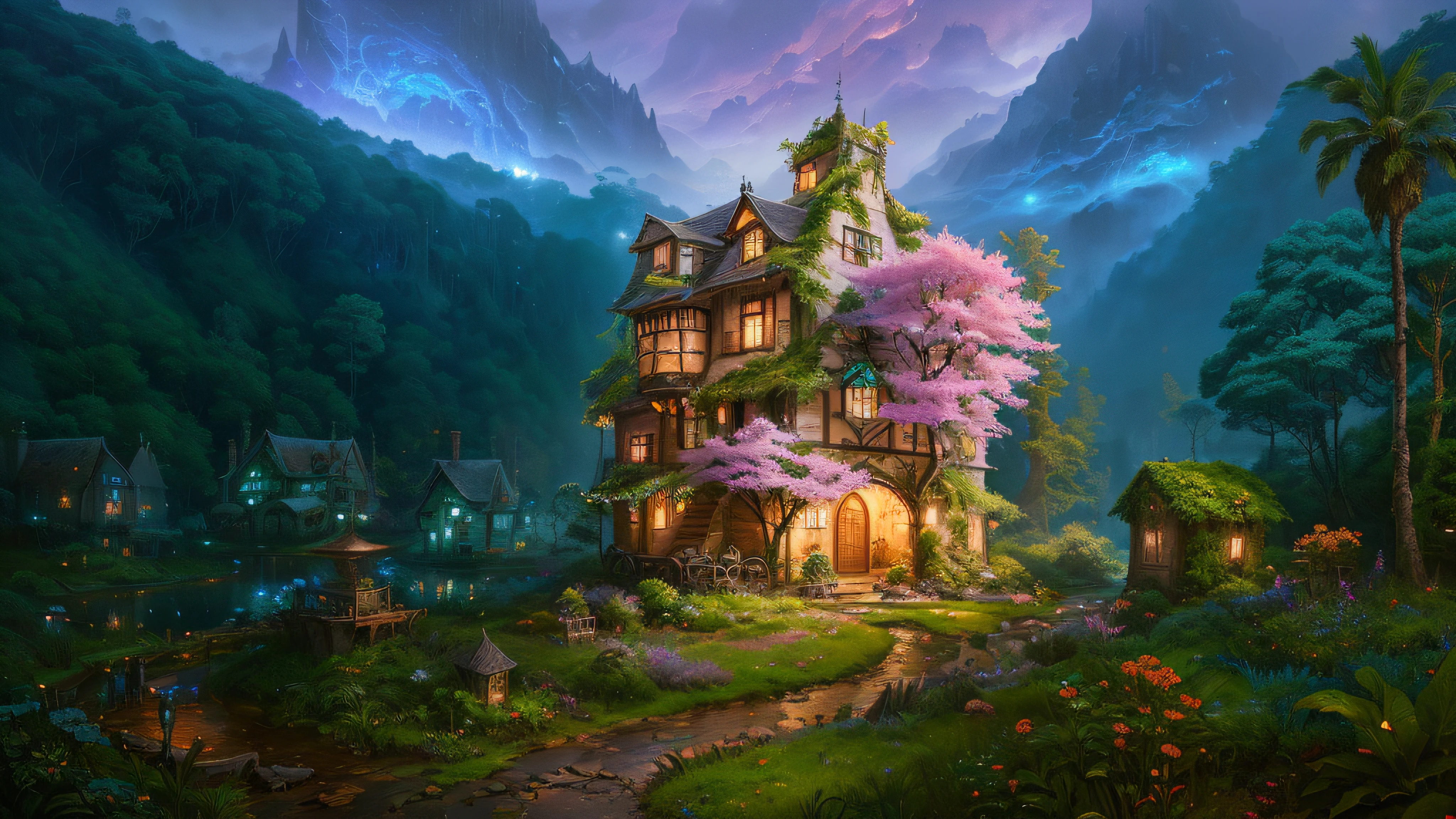 arafed house in the middle of a lush green forest, magical village, fantasy matte painting,cute, beautiful render of a fairytale, whimsical fantasy landscape art, 4k highly detailed digital art, fantasy house, beautiful art uhd 4 k, 4k detailed digital art, colorfull digital fantasy art, magical colors and atmosphere, detailed fantasy digital art, background --auto