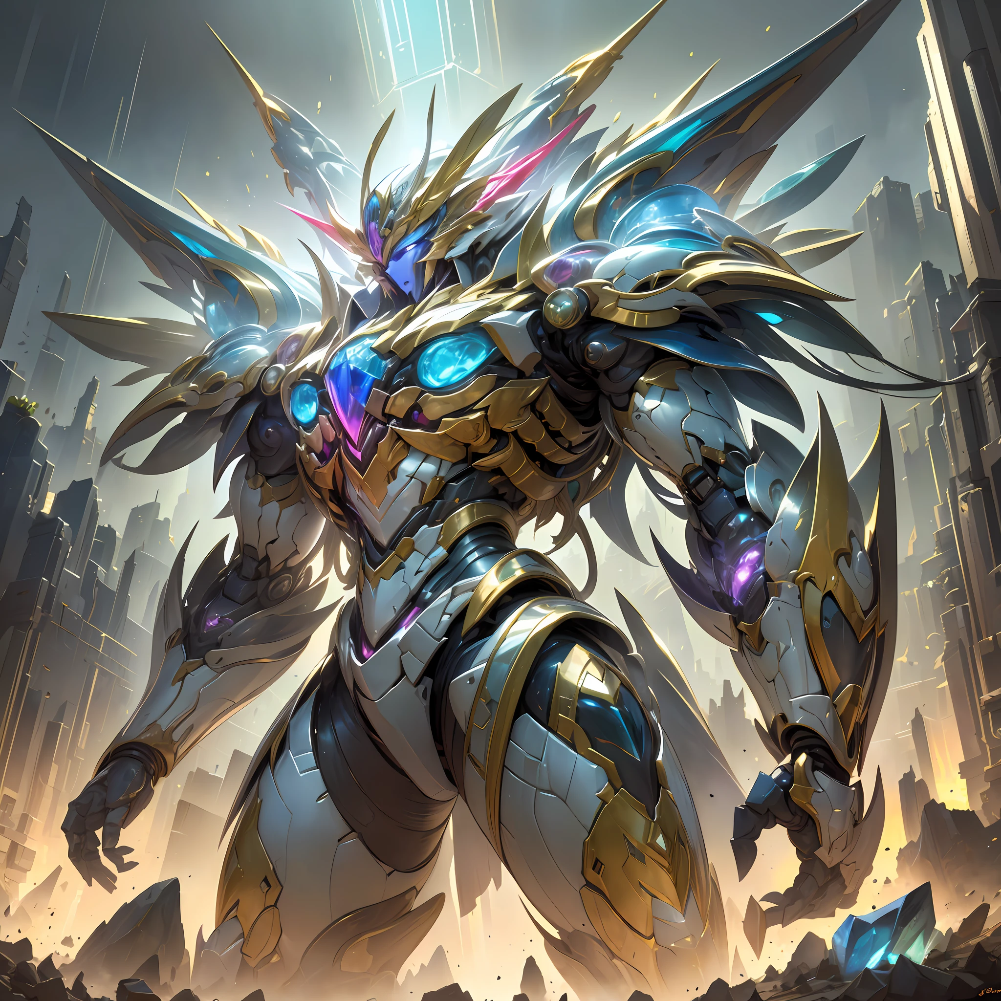 Ancient divine beast armor,Fighting posture,giant mecha,(Smooth surface),Stand on a cliff overlooking the night view,Cyberpunk-city,White is the main color，With red、Bright decorative colors such as blue and gold。There are powerful thrusters,(crystal:1.3),(((巨作))),(((Best quality))),((ultra -detailed))((Extremely detailed CG)),((16K resolution))((An extremely delicate and beautiful)),{Photorealistic},Full of detailed light blooms,A masterpiece from the Canon EOS R6 shooting,((nmasterpiece)) ,cinematiclight,独奏,Unreal Engine 5,Many people