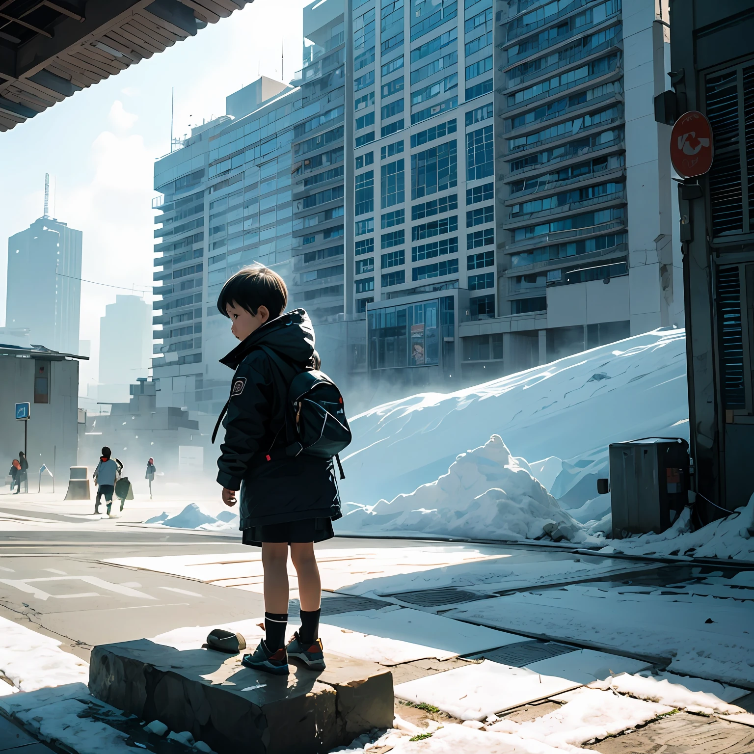 A Chinese child with the back of an ice cream looks up at a tall building, And it's foggy, and it's drizzling with Chinese kids --auto