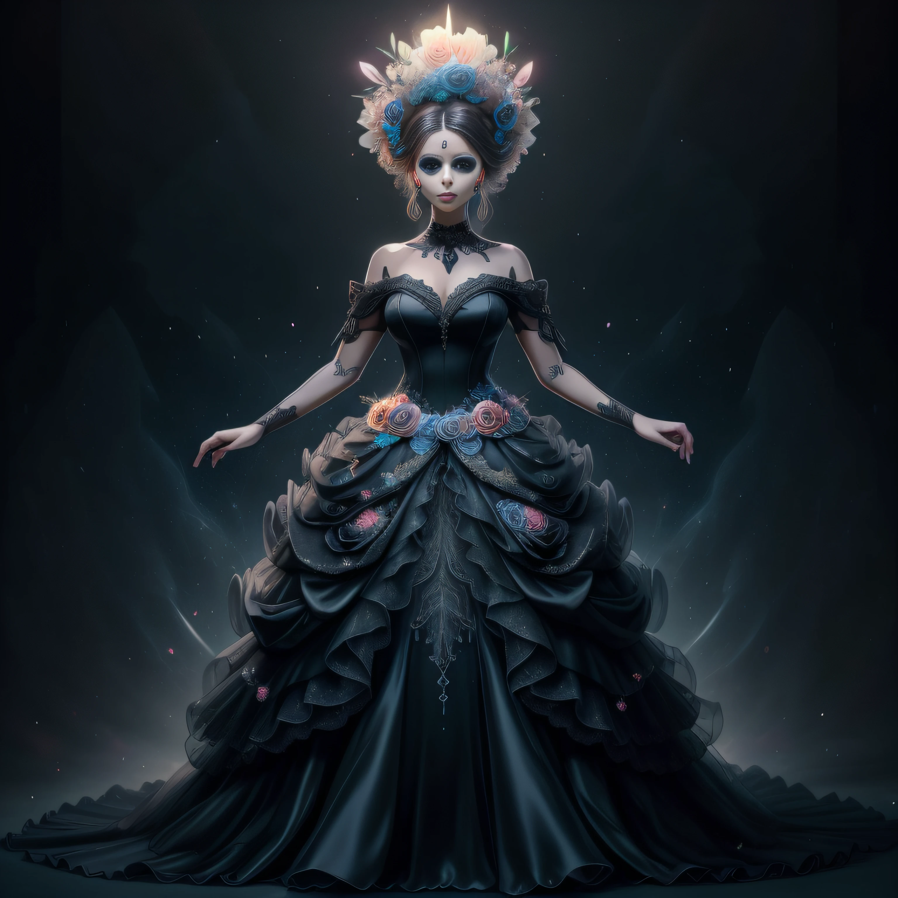 a day of the dead goddess wearing a majestic black ball gown dress, big beautiful dress, intricate puffy ball gown with lots of ruffles and rhinestones (Masterpiece, Top Quality, Best Quality, Official Art, Beautiful and Aesthetic: 1.2), (1 Flower), Full Body, Extremely Detailed, (Fractal Art: 1.3), Colorful, Most Detailed