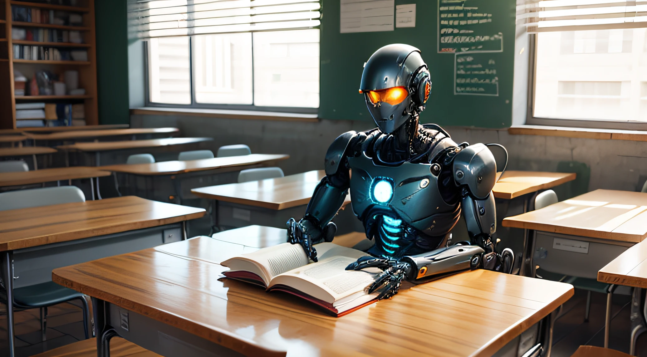 robo cyborg em sala de aula, sentado em mesa com livros, lousa com textos. --auto