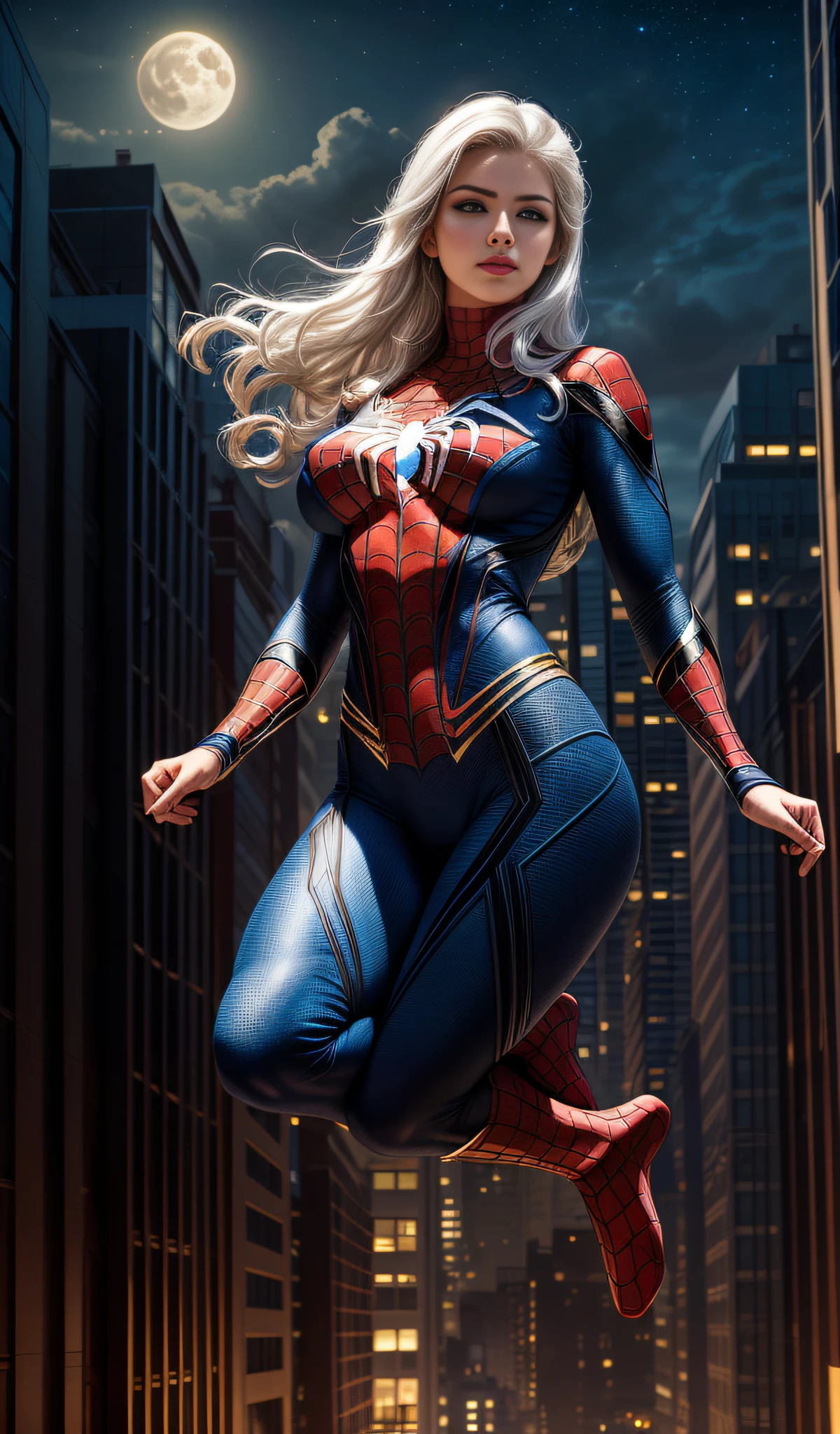 (masterpiece:1.4), (8k, photorealistic, RAW photo, best quality: 1.4), Japanese, (1 girl), beautiful face, (realistic face:1.4), (white hair, long hair:1.3), beautiful hairstyle, beautiful detailed eyes, (best eye ratio: 1.5), attractive, super high resolution, ultra realistic, highly detailed, best ratio, (detailed face: 1.4), looking at the viewer, red lipsticks, (best toes ratio: 1 ,5), (white superhero theme, charismatic, there is a girl at the top of the city, wearing Spider-Man costume in lingerie, she is a superhero), [ ((25 years old), full body, (blue eyes realistic: 1.2), ((Spider-Man pose) , power show, building-to-building jumps), ((sandy city):0.8)| (cityscape, at night, dynamic lights), (moon full))] # Explanation: The prompt mainly describes a 4K ultra high definition painting, very realistic, very detailed. It shows a superheroine on top of the city, wearing a Spider-Man costume. The theme of the painting is a white superhero theme, the female lead has long white hair, she is 25 years old, and her whole body is shown in the painting. In terms of portraying the superheroines' actions, spiders are employed, (no bra:1.4), perky_nipples, ((exposed_nipples, exposed breasts, high proportion realistic breasts, realistic large breasts):1.3), (closed mouth:1.4) , ( camel_toe_pussy:1.3), innie, Full body.