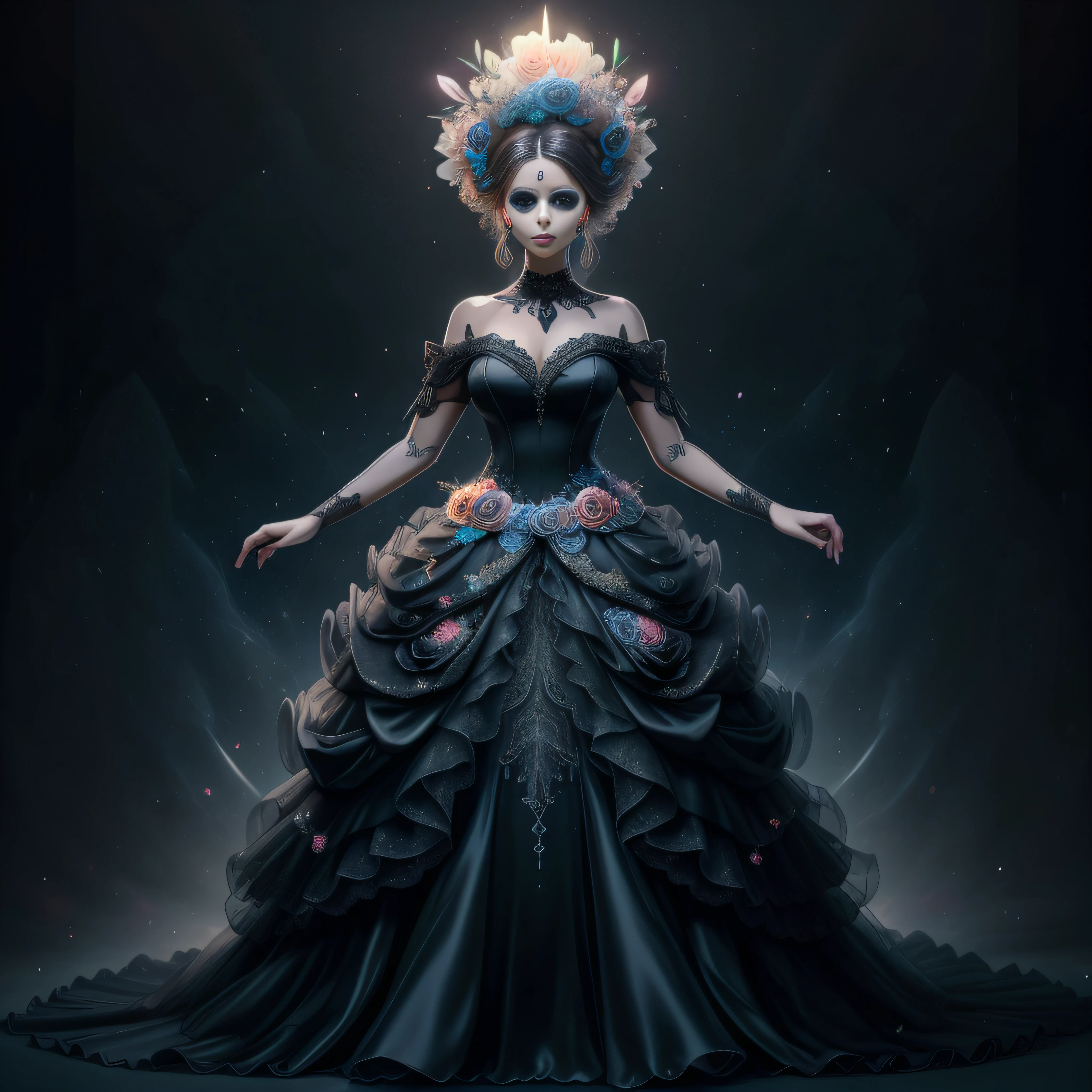 a day of the dead goddess wearing a majestic black ball gown dress, big beautiful dress, intricate puffy ball gown with lots of ruffles and rhinestones (Masterpiece, Top Quality, Best Quality, Official Art, Beautiful and Aesthetic: 1.2), (1 Flower), Full Body, Extremely Detailed, (Fractal Art: 1.3), Colorful, Most Detailed