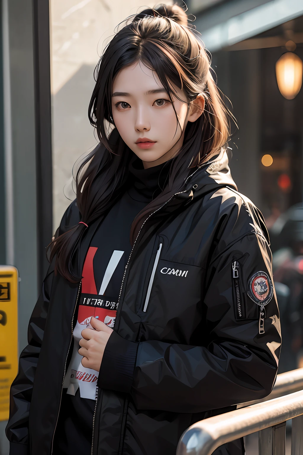 a korean man with black jacket, long hair tied up, small beard
