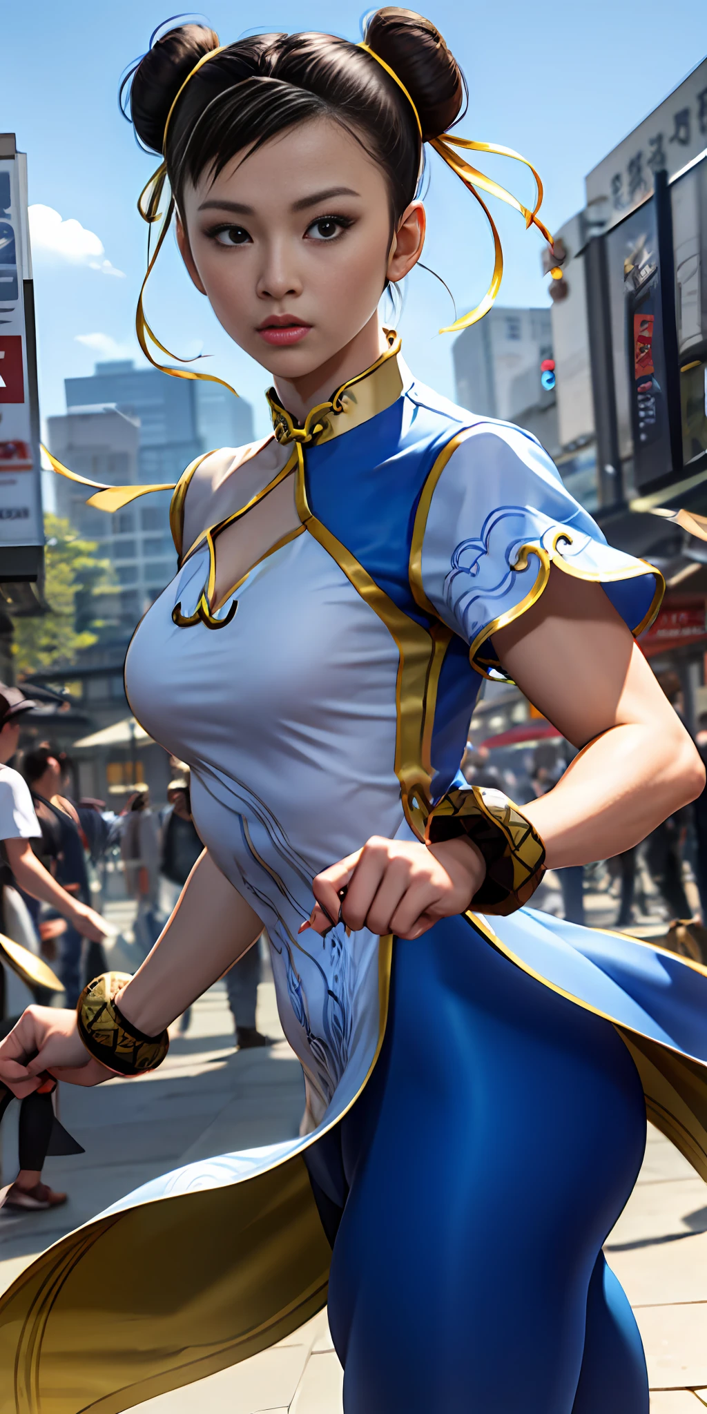 Woman in her 20s, chun-li, gorgeous, (perfect face), defined chin, beautiful deep brown eyes, beautiful lips, (short brown hair, bun, double bun), (perfect anatomy), (athletic body), (sexy), (thick thighs), (perfect hands), (blue cheongsam), blue tights, pointed bracelets, looking at the viewer, (full mid-plane photograph), (fight arena background), realistic, street fudo chinese trade