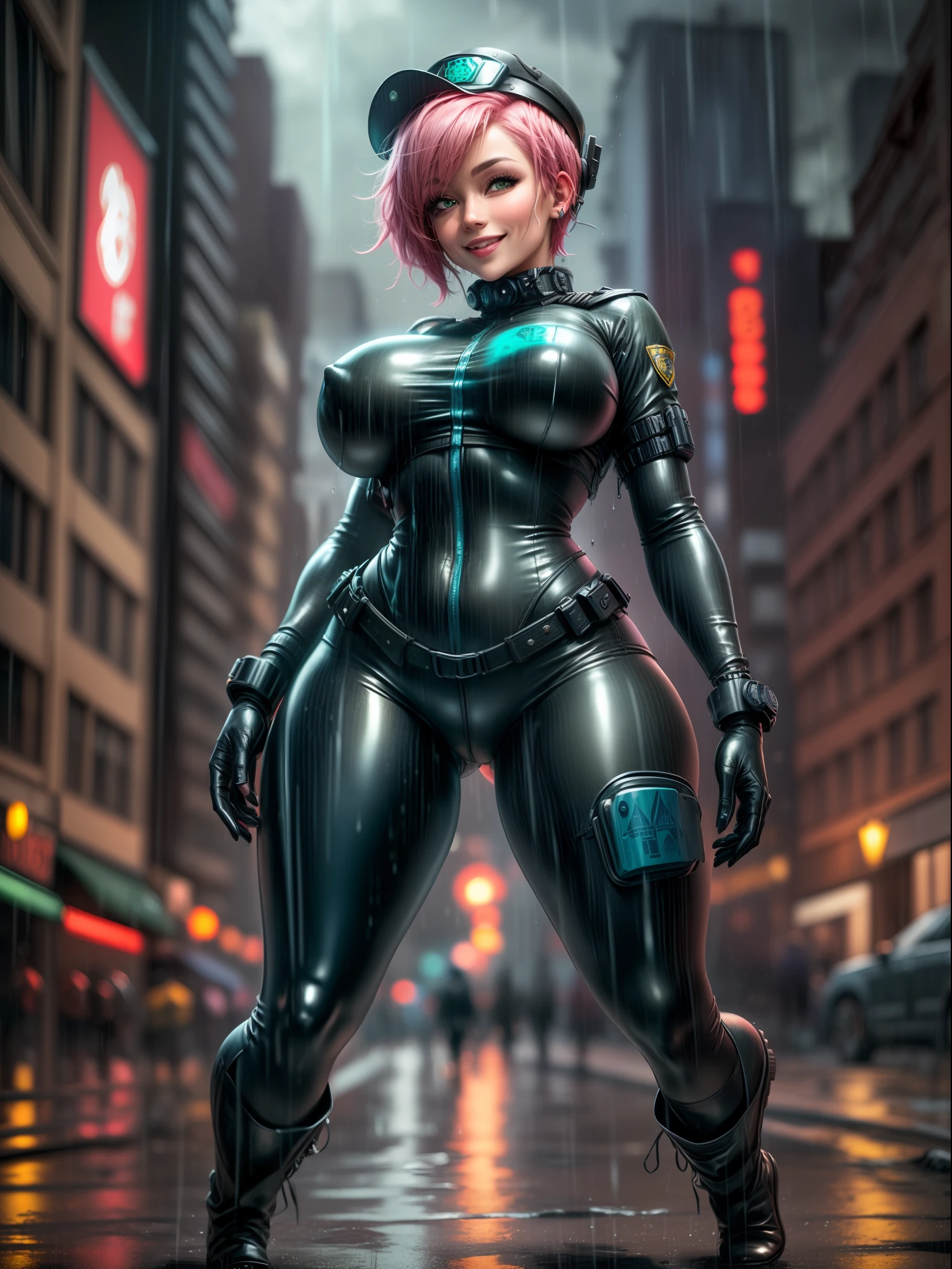 ((full body):1.5), {((Only one woman))}, is wearing {((blue police suit with black pants, extremely tight on body, police cap on head))}, {((she has very short pink hair, green eyes)), she has ((extremely giant breasts))}, she is looking at the viewer, {((looking at the viewer, smiling)), ((she is doing erotic poses)) }, {Background: (((apocalyptic city full of people of different ethnicities, it's night, raining hard)))}