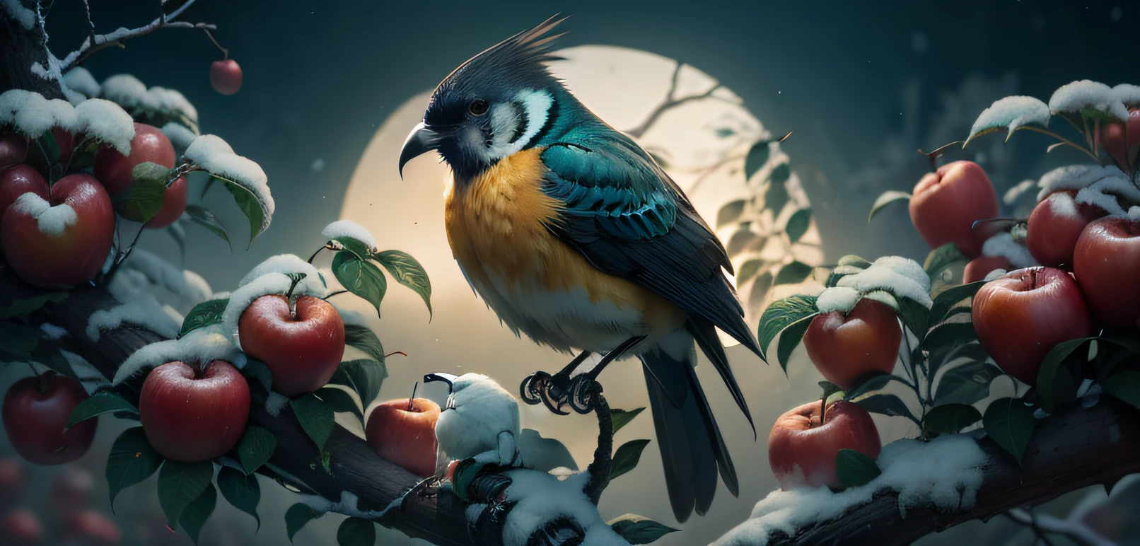 (obra-prima, melhor qualidade: 1.2), ultra detalhado, cinematiclighting, HDR, illustration, A beautiful bird on an apple tree --auto