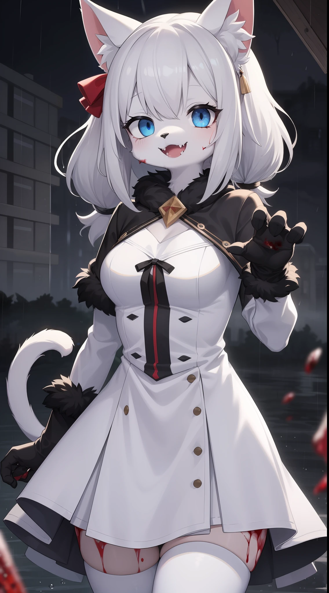 Cat Girl,was hairy,shaggy,Skin fur,White fur,Forelimb hands,hair splayed out,White ears,White face fur,White hair, hair splayed out, Shiny hair,Hairline, lowtwintails,Blue eyes,Super cute face,Empty eyes,Crazy smile, Fangs,Raven hair ornaments,White dress,Ambient light,Ultra-fine fur,Fluffy white tail,volumettic light,dashed eyes, bangs, ultra high def, 巨作, Super detail,Night,Under the rain,In the rain,Drizzle,Wet with rain,rainy outside,The magic of blood,Ruins background,blood, blood_On_clothes, blood_On_Hands, blood_On_arma, blood_Flying splashes, blood_stain,Single。
