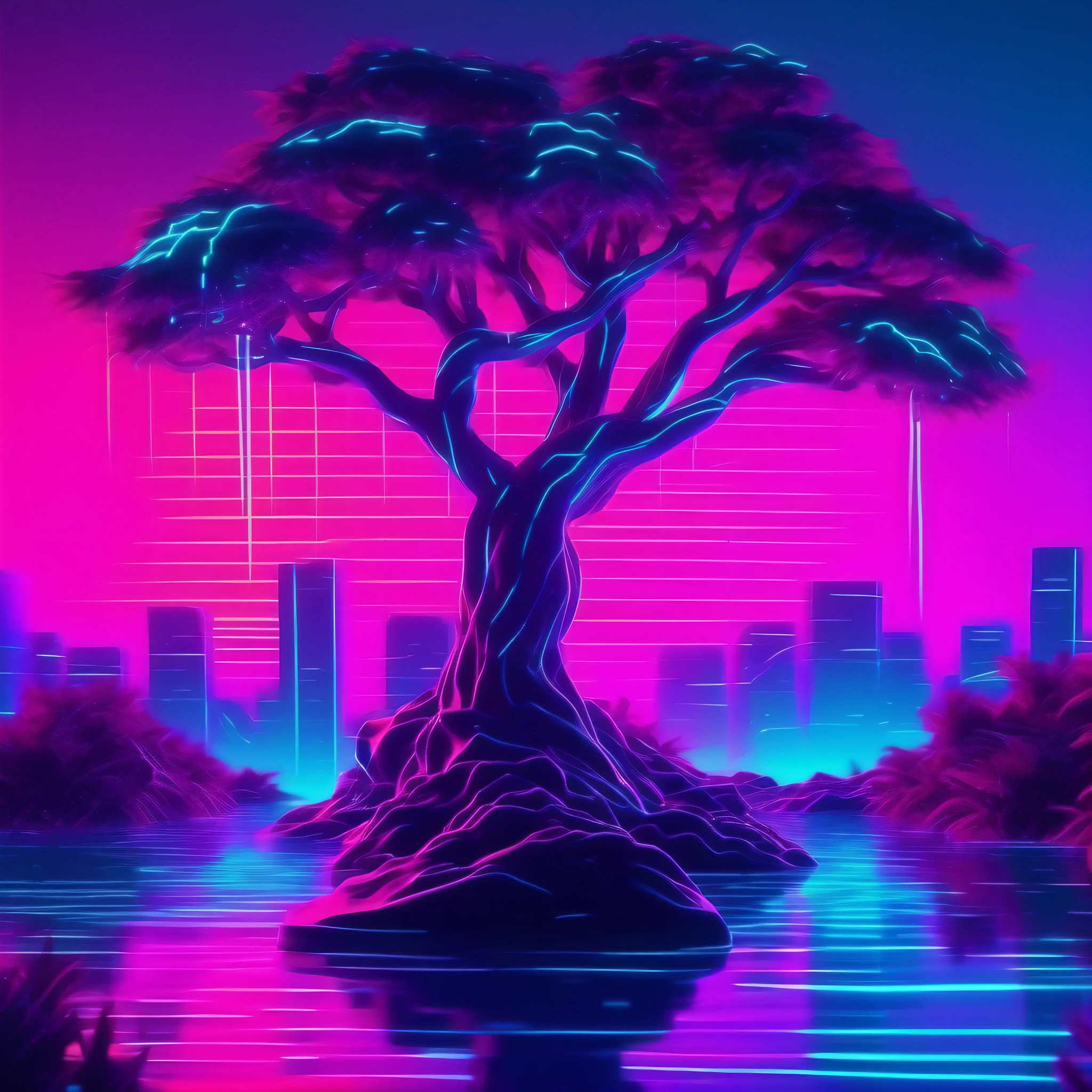 uma arvore rodeada de agua, Synthwave