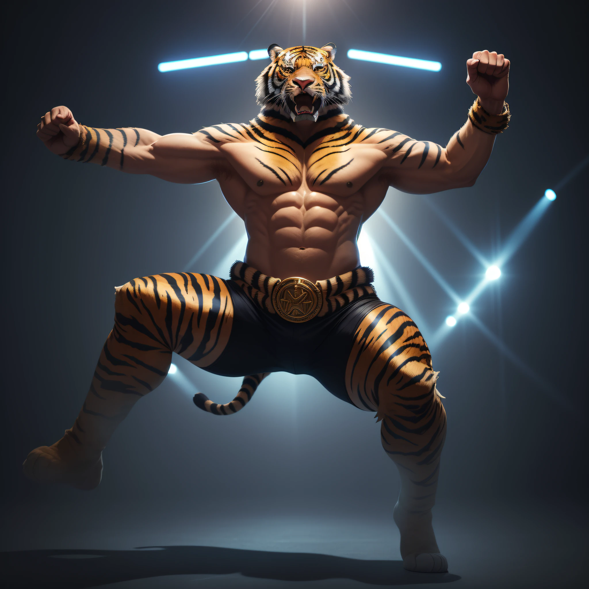 Man, dressed in 80's tiger man cosplay, Full body, arms raised in victory, high quality image, Accuracy in detail of the image, setting in a ring, (((with only two arms))), (((with only two legs))),