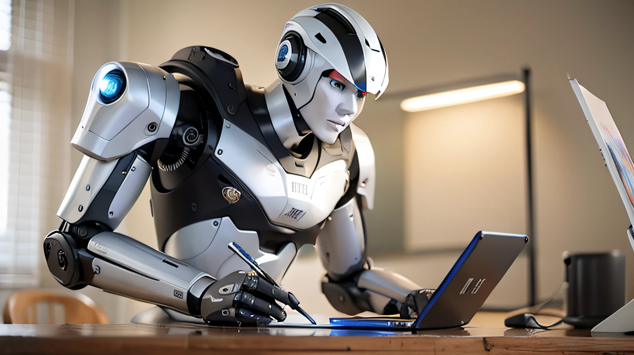 robo cyborg em sala de aula, sentado em mesa com livros, lousa com textos. --auto