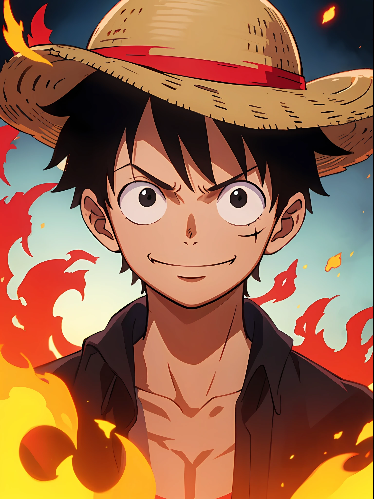 1boy, wanostyle, monkey d luffy, smiling, straw hat, looking at viewer, solo, upper body, ((masterpiece)), (best quality), (extremely detailed), depth of field, sketch, dark intense shadows, sharp focus, soft lighting, hdr, colorful, good composition, fire all around, spectacular, closed shirt, anime screencap, scar under eye, ready to fight, black eyes