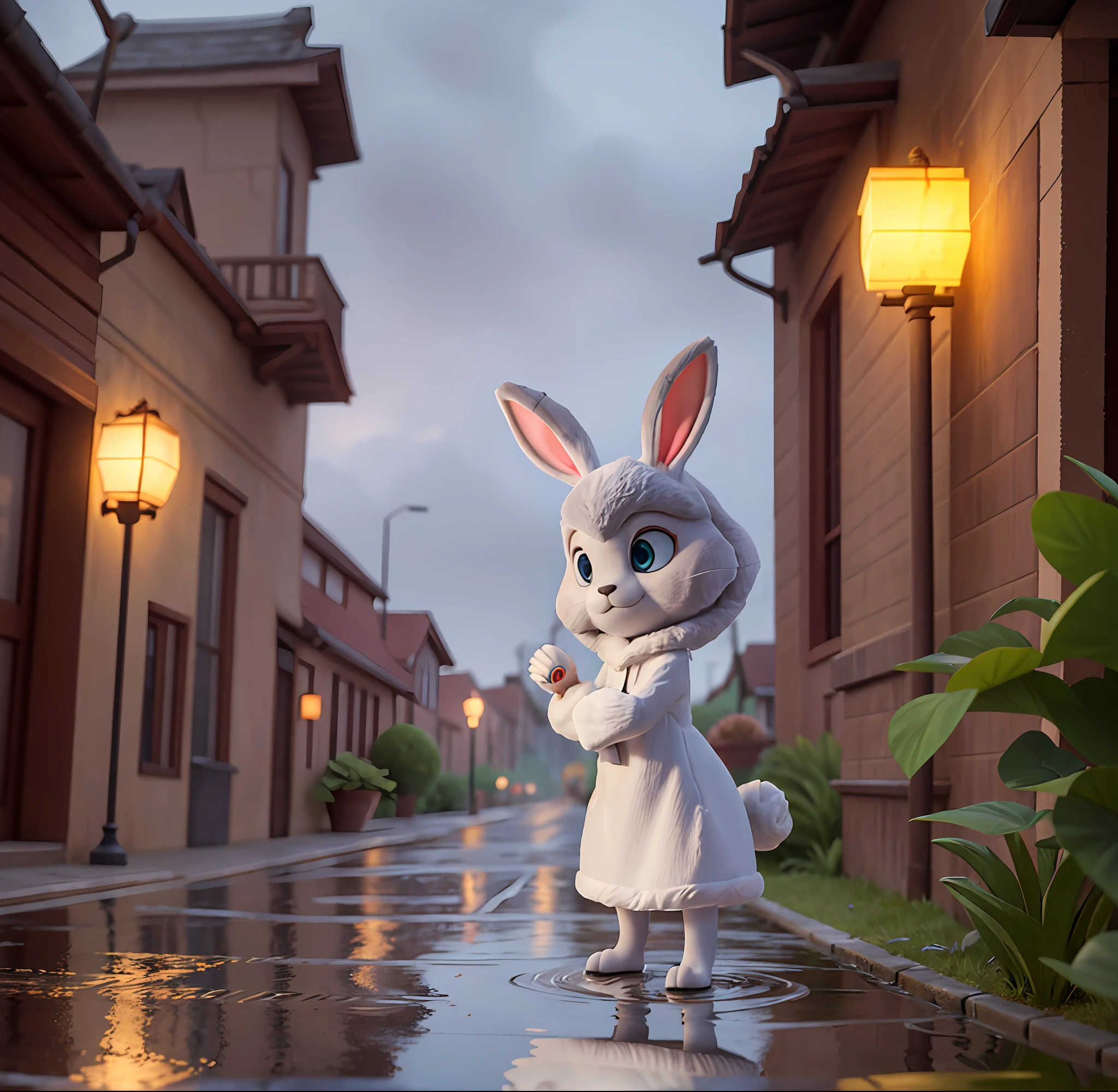 A stylized, dream-like rendering of a rabbit, its fur illuminated by a single light, its eyes wide with awe as it stands in the rain, its reflection visible in a puddle of water on the road.