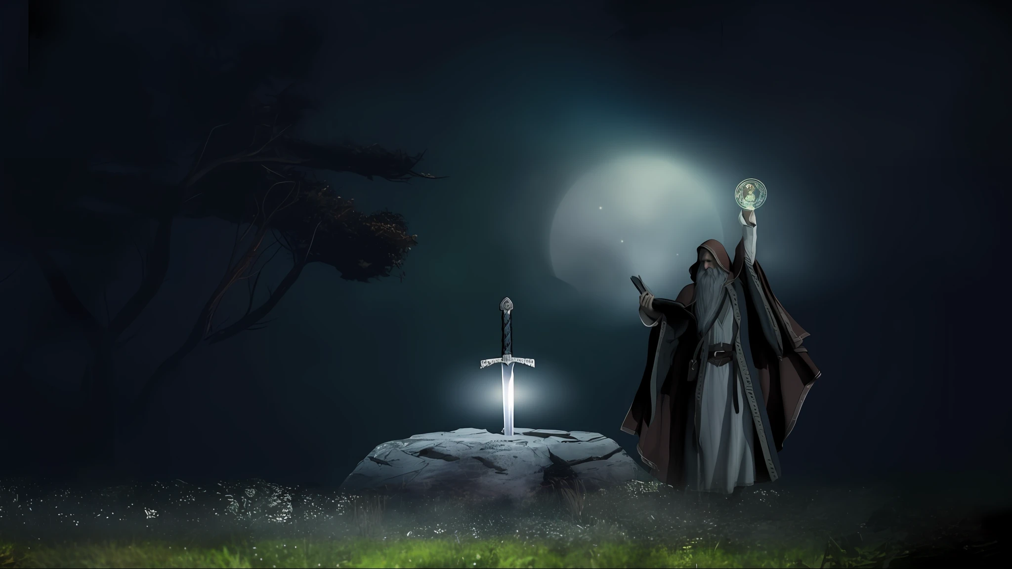 there is a man standing on a rock with a sword in his hand, bruxo ponderando seu orbe, Fantasia De Alta Qualidade Foto Stock, an arcane wizard casting a spell, spell casting wizard, glowing sword in hand, fantasia sombria medieval, Alquimista medieval no escuro, the spear of odin, Foto do personagem de fantasia, holy sword in his hands, wizard casting a spell