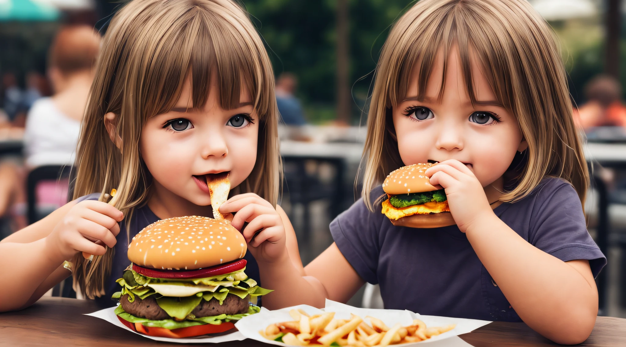 Blonde Eating A Burger Falling into Juicy Pieces, saboroso, quente, foto promocional, detalhes intrincados, HDR, cinematographic, Adobe Lightroom, altamente detalhado