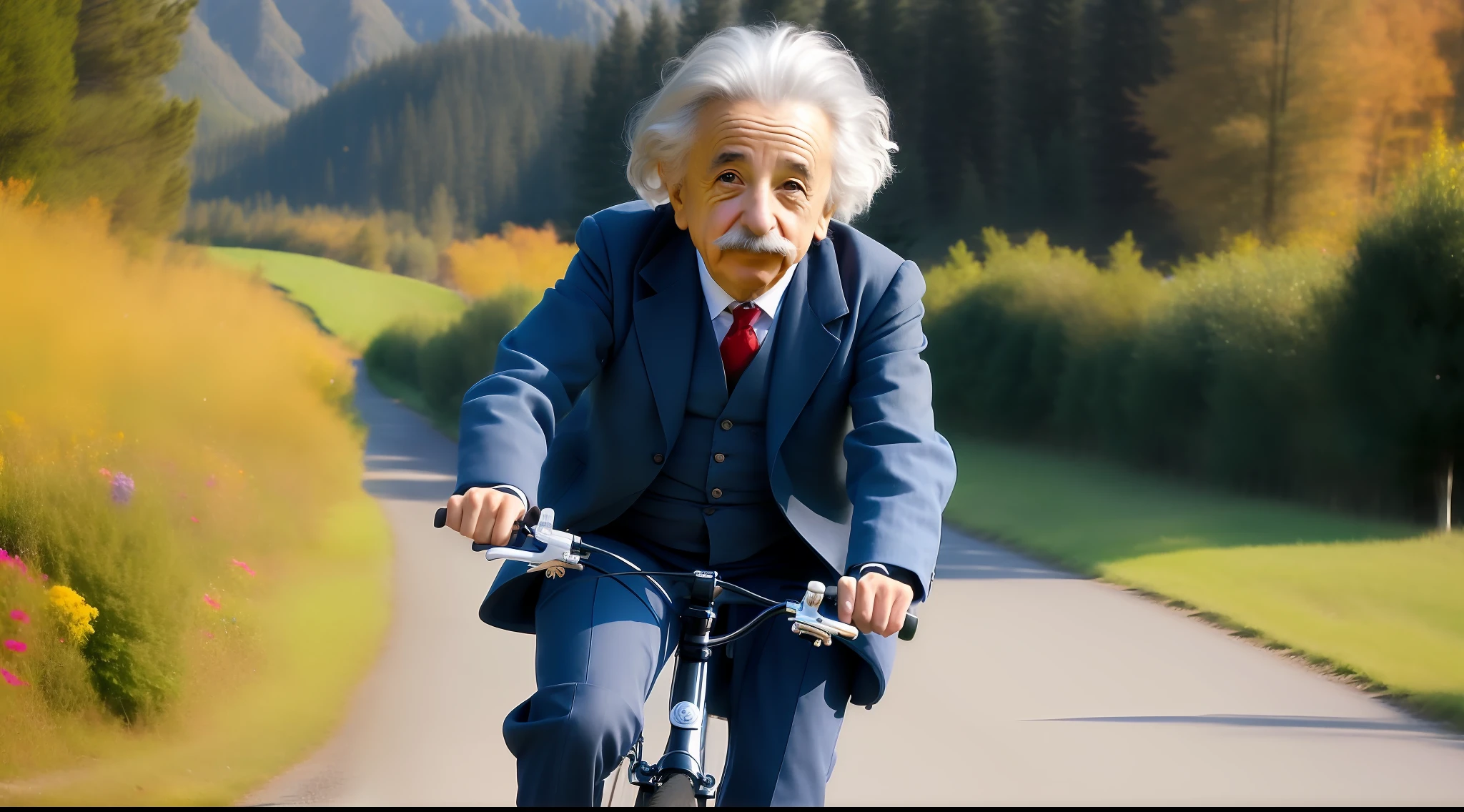 Albert Einstein, the legendary physicist, gracefully rides a bicycle through a picturesque scene.