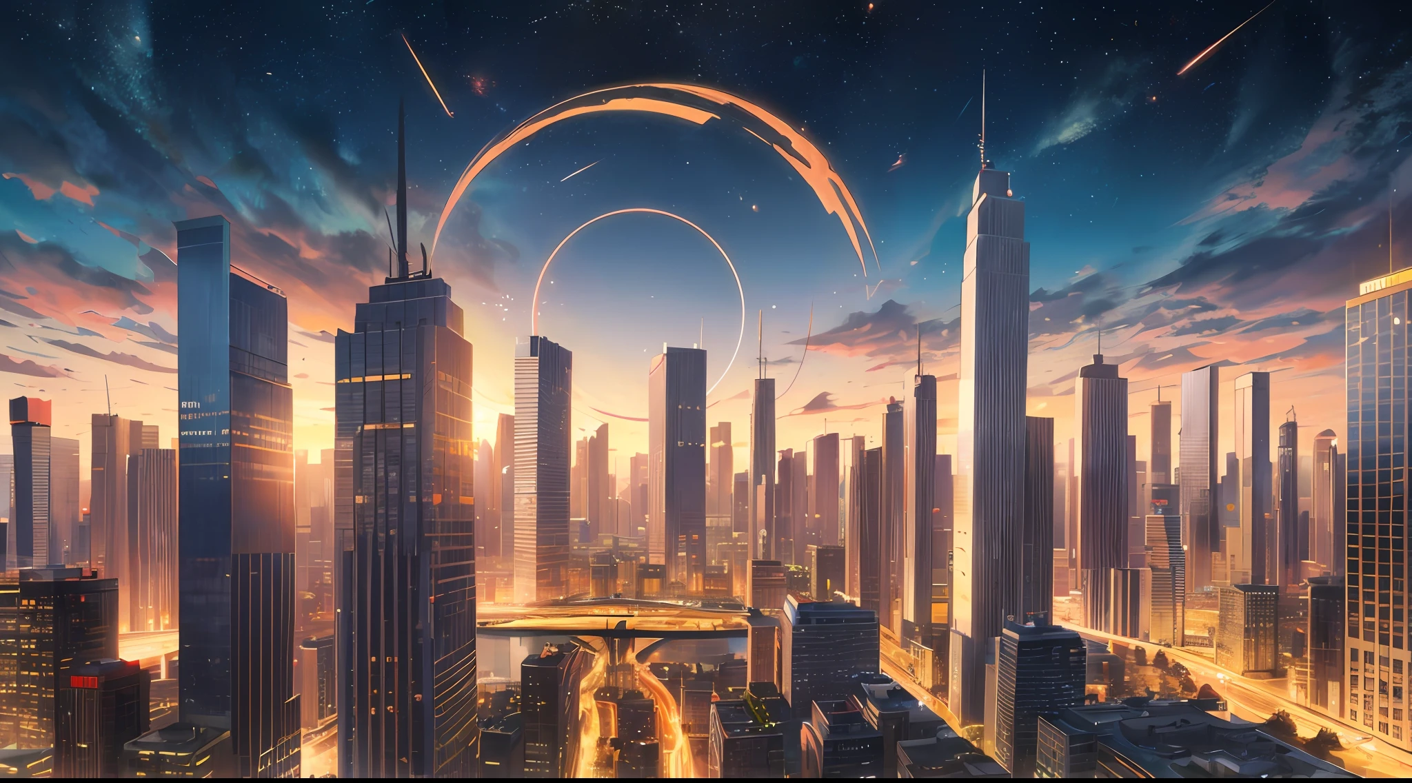 Iron Man, Gorgeous futuristic city scenes (ultra-detailed, best quality, 8K wallpapers), high-tech buildings, fantastic buildings (reference circle: 0.7+ silver walls: 0.9+ futuristic skyscrapers), ascending scenes, creative night scenes, exploding sunsets, colored light and shadows, shiny high-rise buildings, clear silhouettes, brilliant starry sky, precious sculptures, super large paintings, super high resolution.