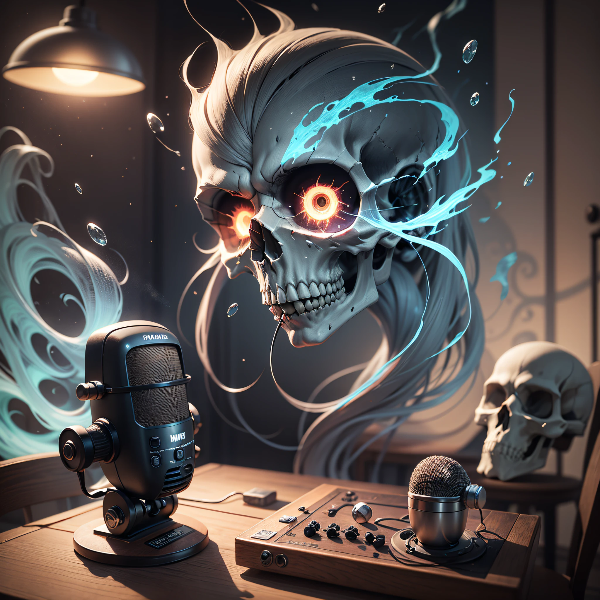skull with bulging eye, ninja skull, art deco skull, full 4k face, skull well balanced in color, with dark background, animalistic background with blur as if quoted with a moon in the center, thunder, lightning, luminous, dynamic, cent broken skull in two, but not exactly, with 2 chairs and a table in the center, podcast, 100 of the broken cane with lights reflecting off the table and chair, with splashes of colored cutouts, with elemental being crushed, shattering everything around it, everything in the cracked main floor, with custom fashion with saine panque art, with depth and upholstery, with microphone on the wrestling table, with portal, dark flames, lapera microphone, old music microphone, oversized microphone, tentacles