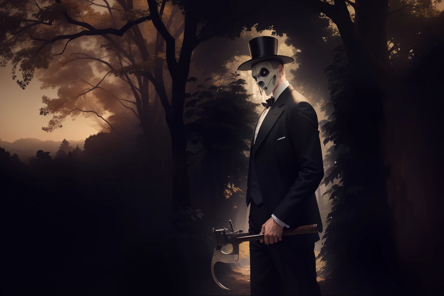 a single man with no face, in a suit and top hat holding a chainsaw, mysterious man, slenderman in the woods, disfigured face, mummy face, leather face, hauntingly surreal, man with scythe, epic mysterious surrealism, nightmare in the park, the mysterious stranger, surreal photo, stunningly mysterious, horror surreal art, noir detective and a fedora, inspired by Vincent Lefevre