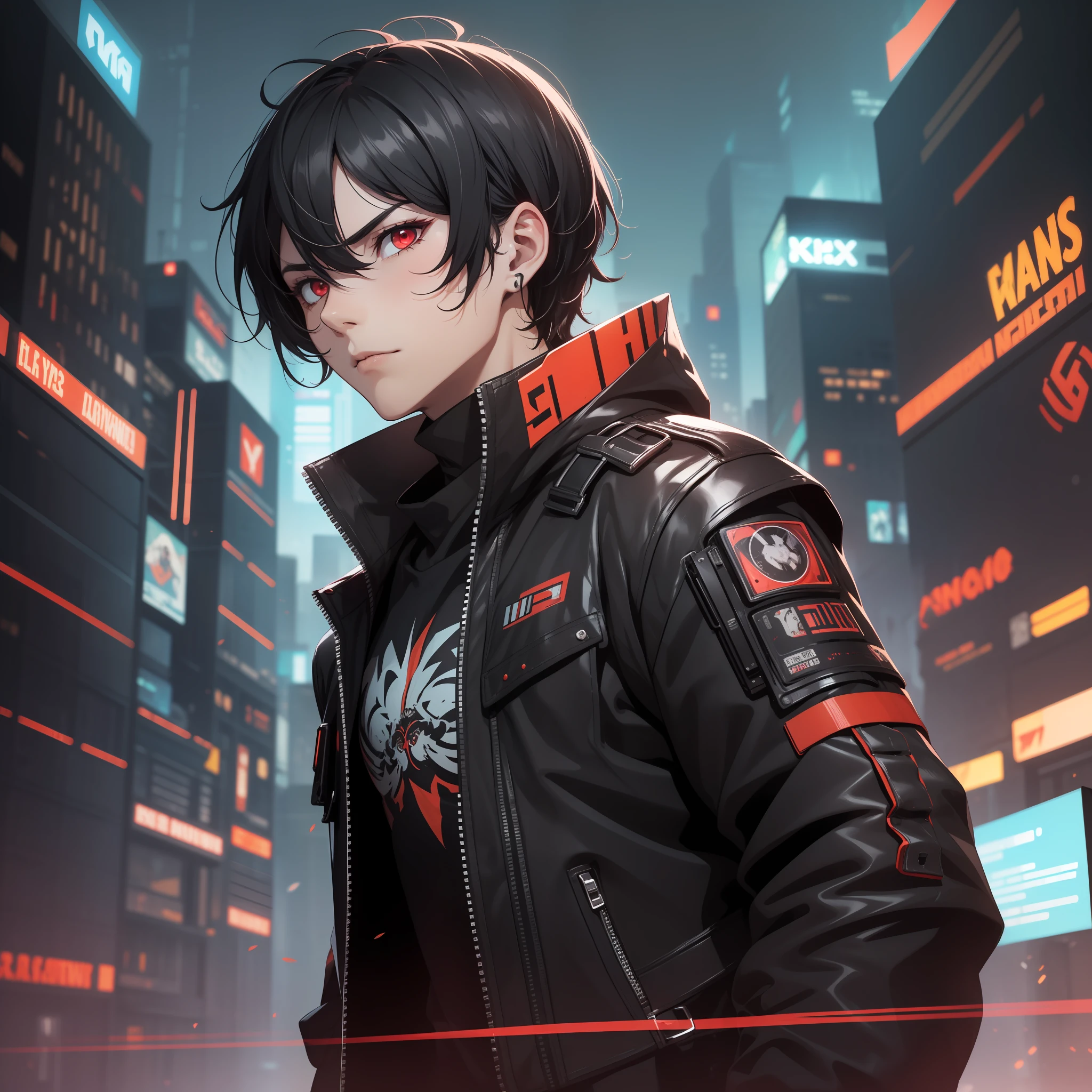 Man, Mature, Red Eyes, Young, Male, Male Gender, Medium Black Hair, Red Eyes, Serious, Cyberpunk, Cyberpunk Background, bangs