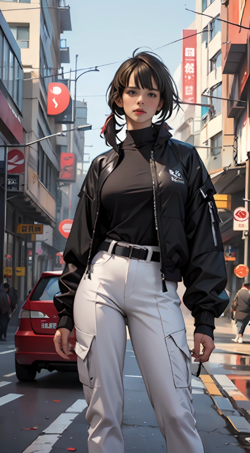 arafed beautyful lady in black jacket and white pants standing on street corner, pony tail, high-waist cargo pants. cyberpunk city, standing tall, busty, in a city street, Shifted Bangs Japanese Haircut, wearing urban techwear, realistic depiction, standing in a city center, an ultra realistic, promo image, techwear look and clothes, in city street, hyper-realistic, hyper - realistic, wojtek fus, hyper realistic style
