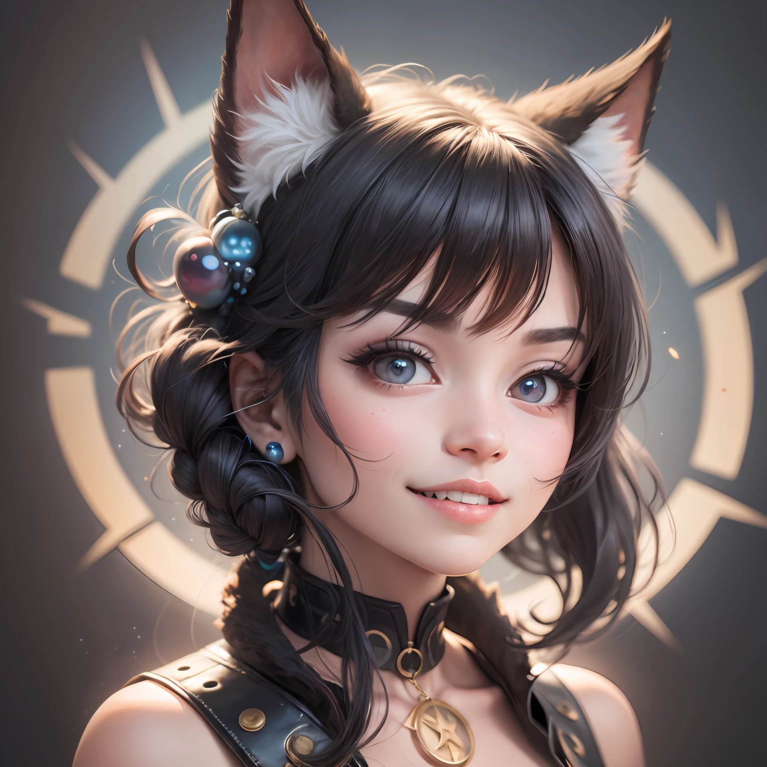 black hair, hair bobbles, wince, longeyelashes, solid circle eyes, fake animal ears, light smile, ear blush, fang, curate, Surrealism, drop shadow, anaglyph, stereogram, tachi-e, pov, atmospheric perspective, 8k, super detail, best quality