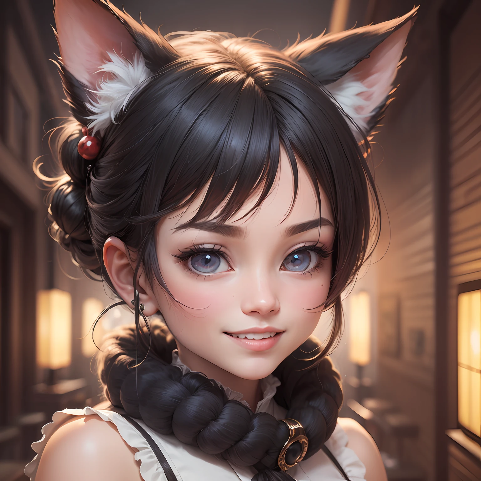 black hair, hair bobbles, wince, longeyelashes, solid circle eyes, fake animal ears, light smile, ear blush, fang, curate, Surrealism, drop shadow, anaglyph, stereogram, tachi-e, pov, atmospheric perspective, 8k, super detail, best quality