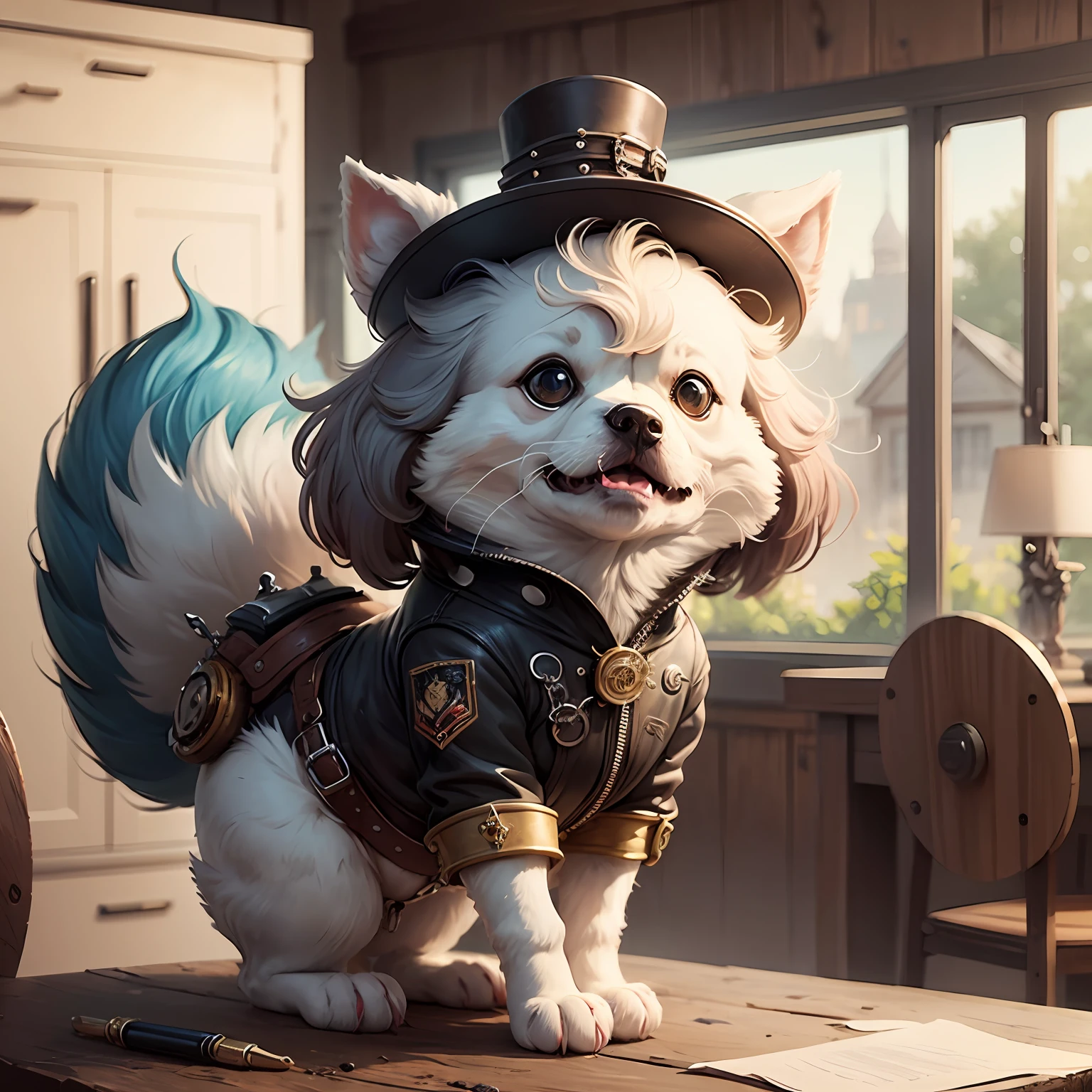 Fantz cartoon (creature:0.5)|(poodle:0.5) design, ultra detailed, random colors, steampunk and punk costume, --auto