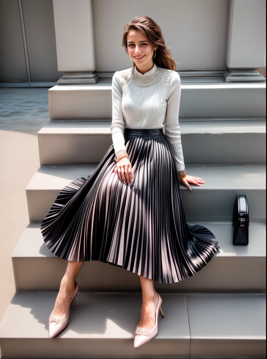 authentic (very shy smiling) good woman wearing a short blazer with a very very detailed (long (fully pleated) full circle skirt) and (simple) low heeled office shoes, very very intricate hyper-detailed symmetric (attractive graceful young feminine face) with (sad, tired eyes and shy smile:1,8), full of empathy and compassion and love, (pronounced (feminine) features), (highly detailed ultra accurate realistic) hands and fingers, (windy conditions and wind blowing), epic composition, highly detailed attributes, highly detailed atmosphere, (35mm f1.4 Kodak portra 400 photograph), extremely high quality RAW photograph, intricate, Exquisite details and textures,