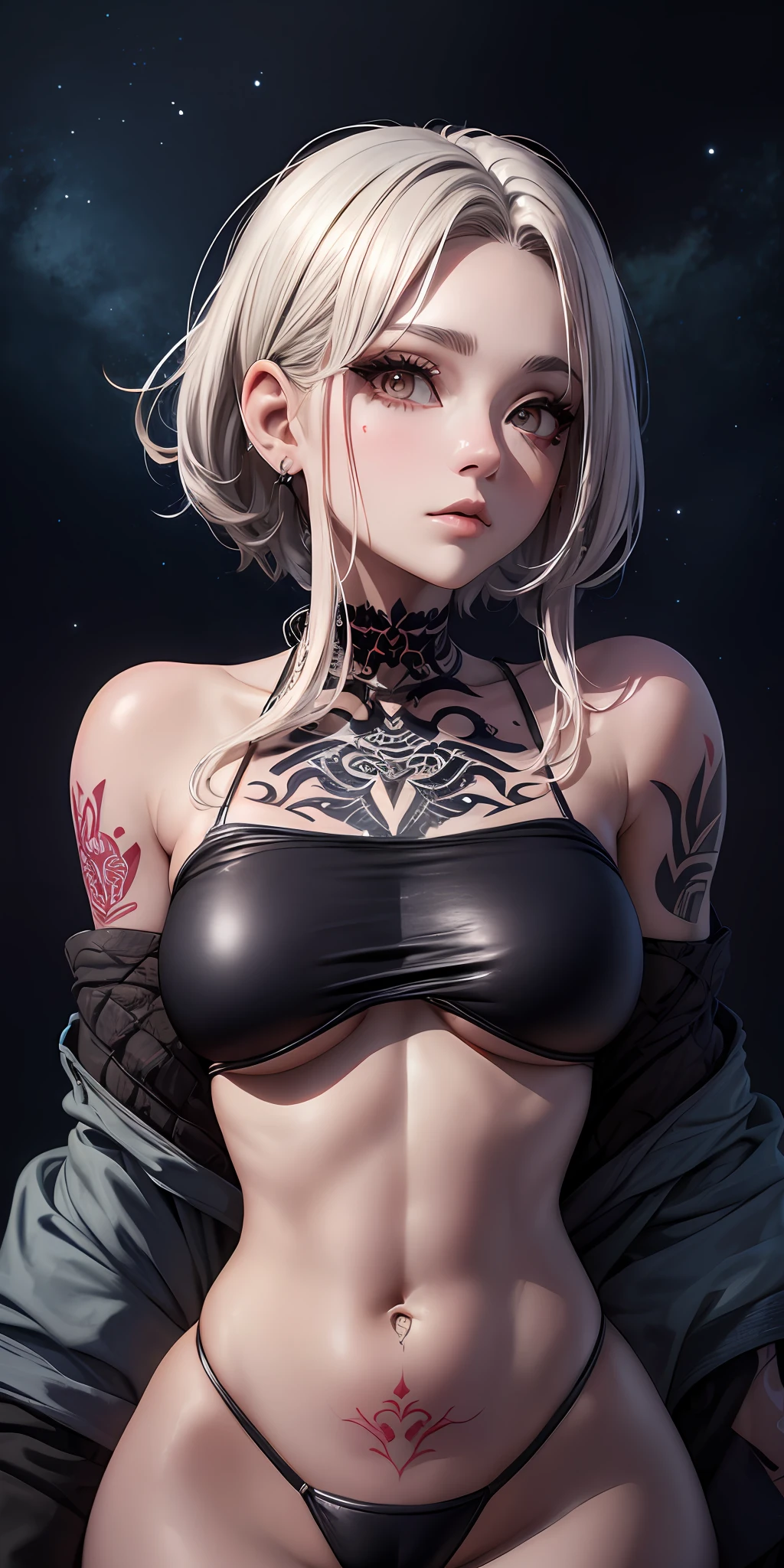 ((One woman)), night city, neon, perfect starry sky, UHD, high detail, high quality, super detail, ultra-fine illustration, 16k, odd eye,Ghibli, gray hair, micro bikini, plain bikini, ((bikini with less fabric)), big eyes, long eyelashes, very long eyelashes, ethnic tattoos, (tattoos that cover the entire body), ((lots of tattoos)), tattoos on the chest, tattoos on arms, tattoos on fingers, (tattoos all over the chest), beautiful features, neutral facial features, (short hair)