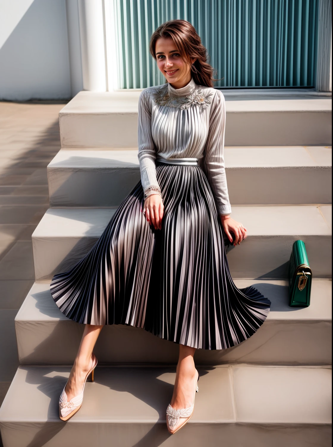 authentic (very shy smiling) good woman wearing a short blazer with a very very detailed (long (fully pleated) full circle skirt) and (simple) low heeled office shoes, very very intricate hyper-detailed symmetric (attractive graceful young feminine face) with (sad, tired eyes and shy smile:1,8), full of empathy and compassion and love, (pronounced (feminine) features), (highly detailed ultra accurate realistic) hands and fingers, (windy conditions and wind blowing), epic composition, highly detailed attributes, highly detailed atmosphere, (35mm f1.4 Kodak portra 400 photograph), extremely high quality RAW photograph, intricate, Exquisite details and textures,