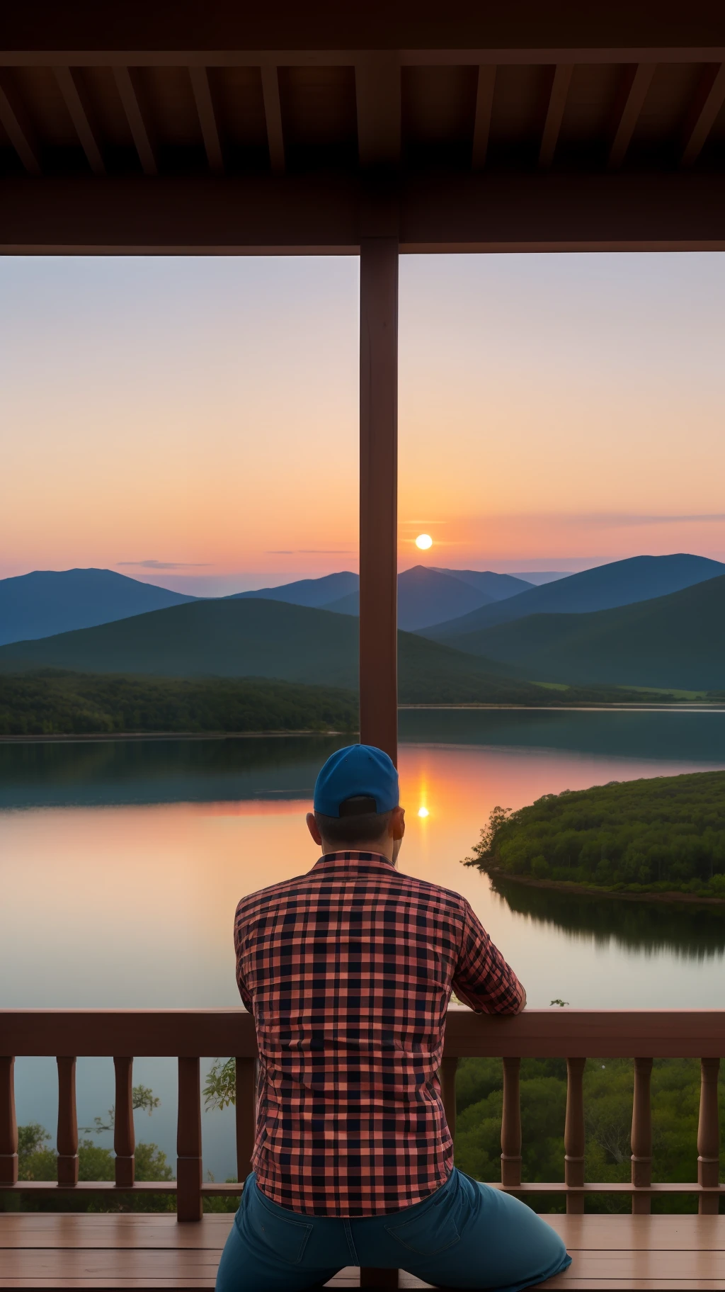 Um jovem americano de cabelos loiros, wearing a plaid shirt and cap, is sitting on an antique wooden balcony . Ao fundo, There is a stunning landscape of a tranquil lake, cercado por montanhas. The sun is starting to rise, Painting the sky with shades of pink and orange. Front position