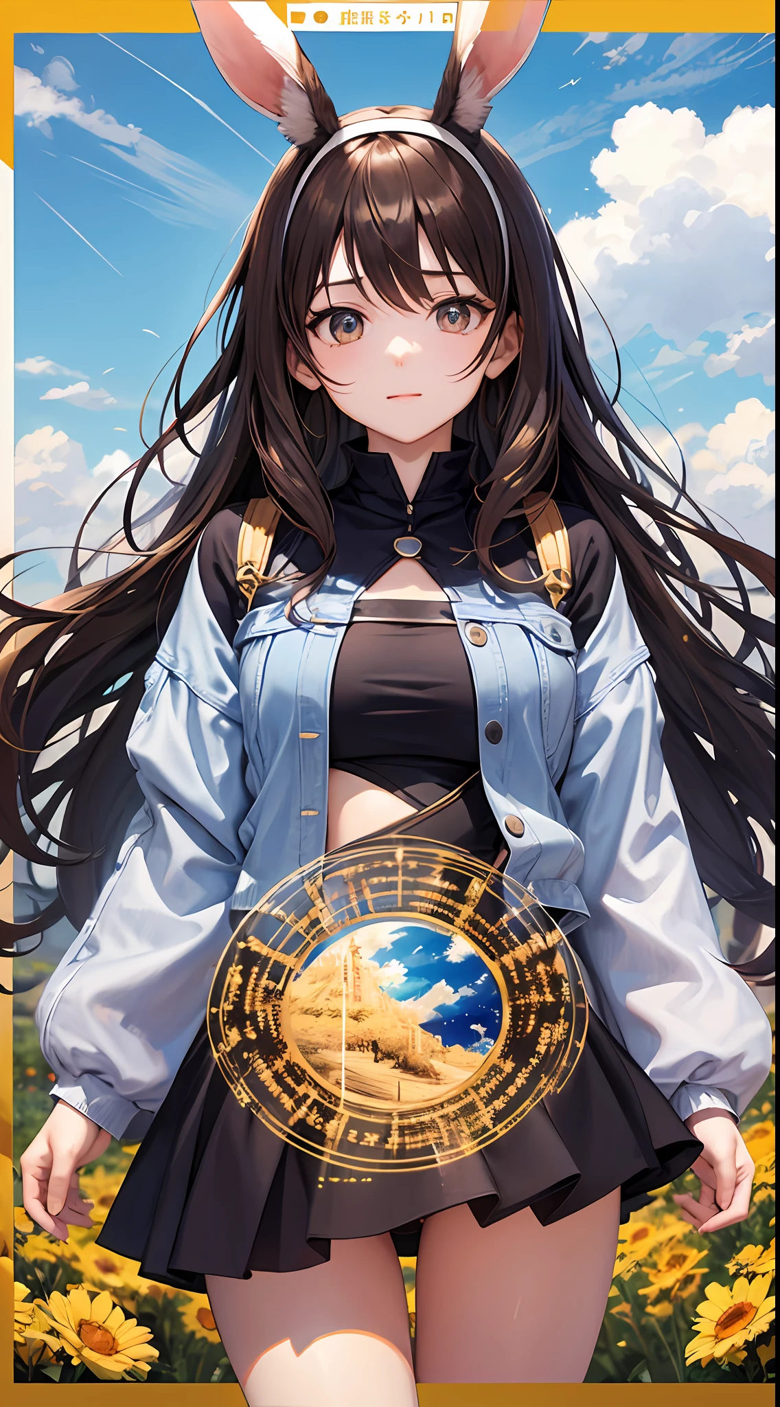 Masterpiece、high resolucion、(of the best quality:0.8) 24 years old、Dark brown hair color、Golden Ratio Face、9 life female、Watching the viewer、perfect anime illustration、Rabbit ears、Rabbit ear hairband、Landscapes with depth、Under the blue sky、Sunshine、Light Effects、