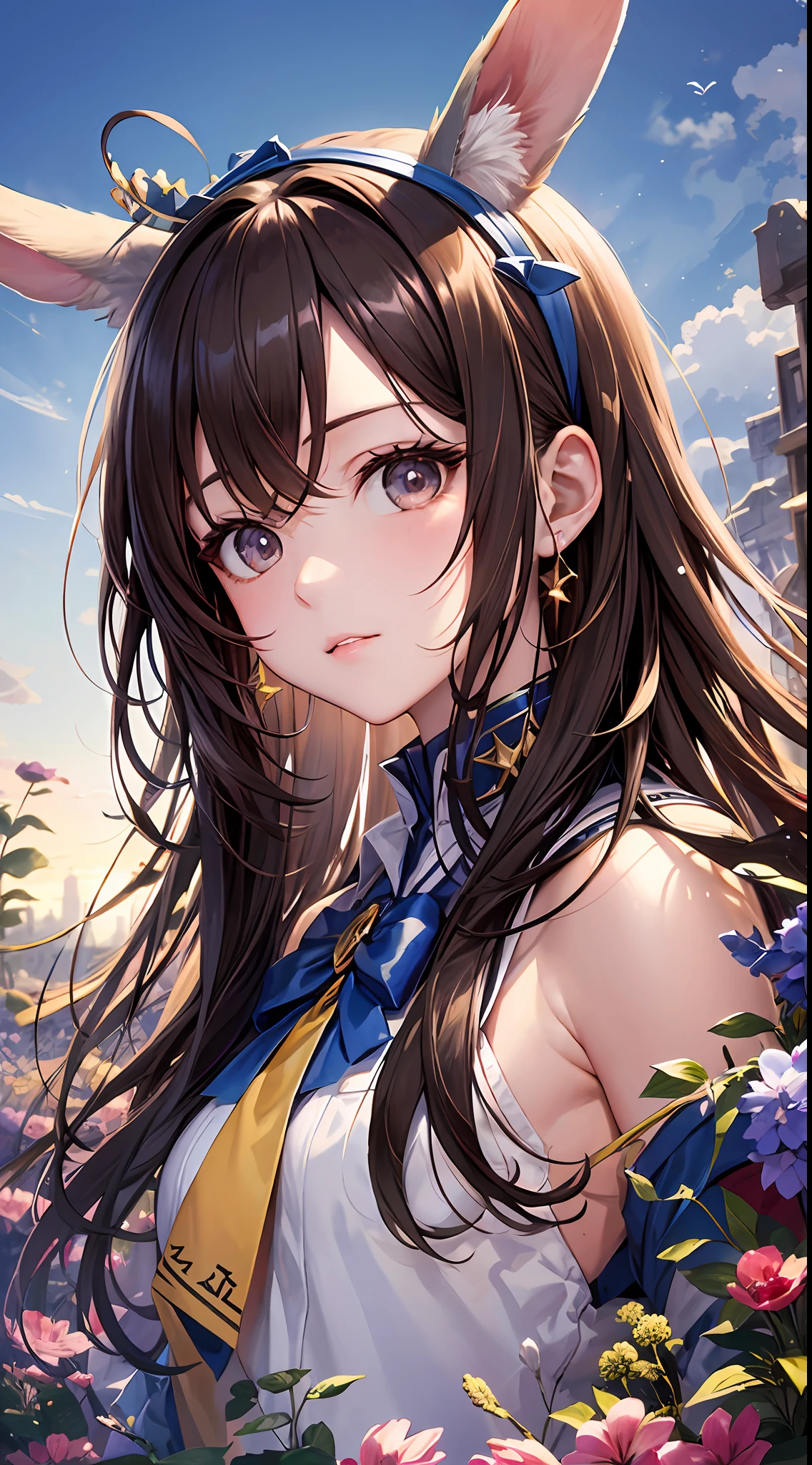 Masterpiece、high resolucion、(of the best quality:0.8) 24 years old、Dark brown hair color、Golden Ratio Face、9 life female、Watching the viewer、perfect anime illustration、Rabbit ears、Rabbit ear hairband、Landscapes with depth、Under the blue sky、Sunshine、Light Effects、