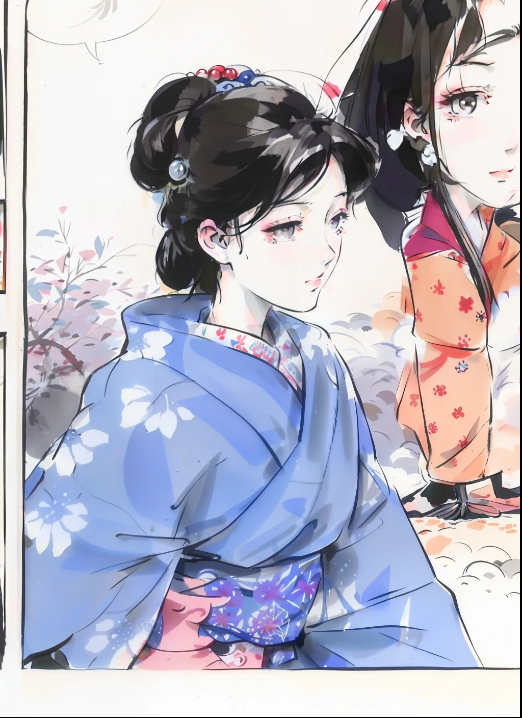 a black and white drawing of a woman in a kimono, inspired by Kusumi Morikage, inspired by Nishikawa Sukenobu, inspired by Sakai Hōitsu, sui ishida art manga, in style of manga, 1980 manga, 1990 manga panel, utamaro kitagawa style, manga 1 9 9 0