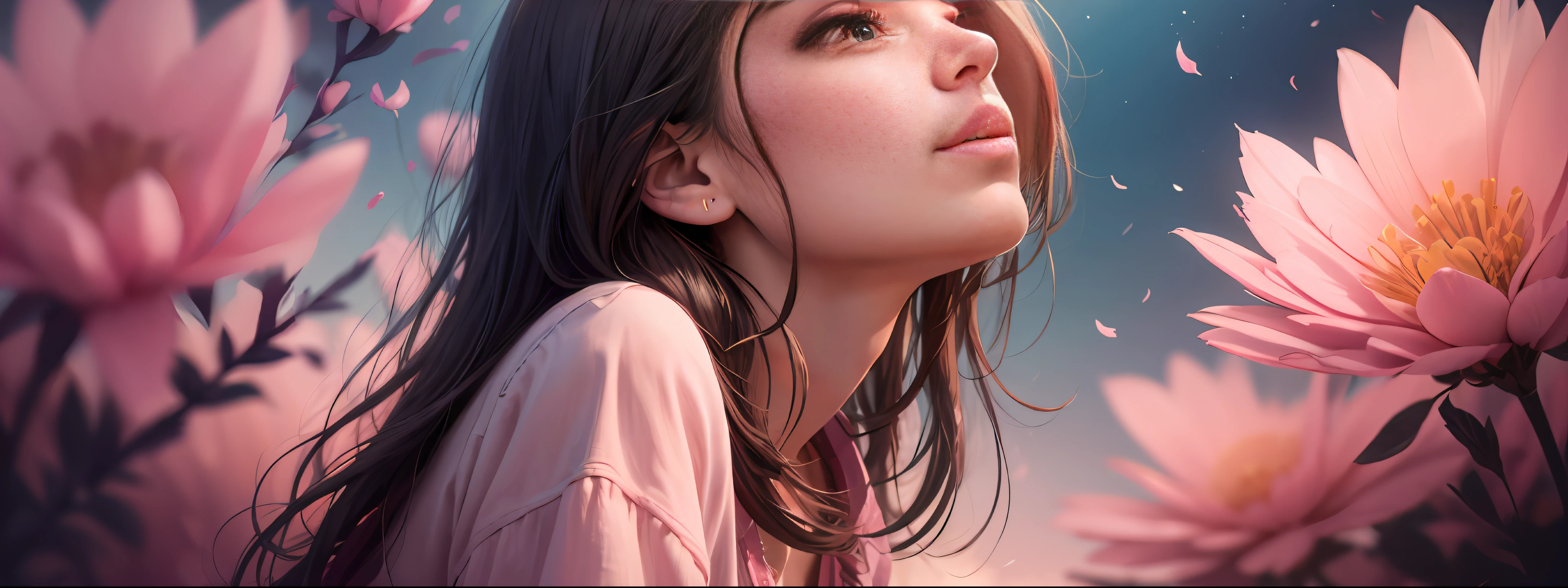 a sweet girl Mila Kunis face looking up to the sky, strong depth of field, image in peach and bright pink colors, image in Anne wth an E opening style, side view, abstract art, faded colors, perfect, flawless, sharp, dark backdrop, flowers, close-up
