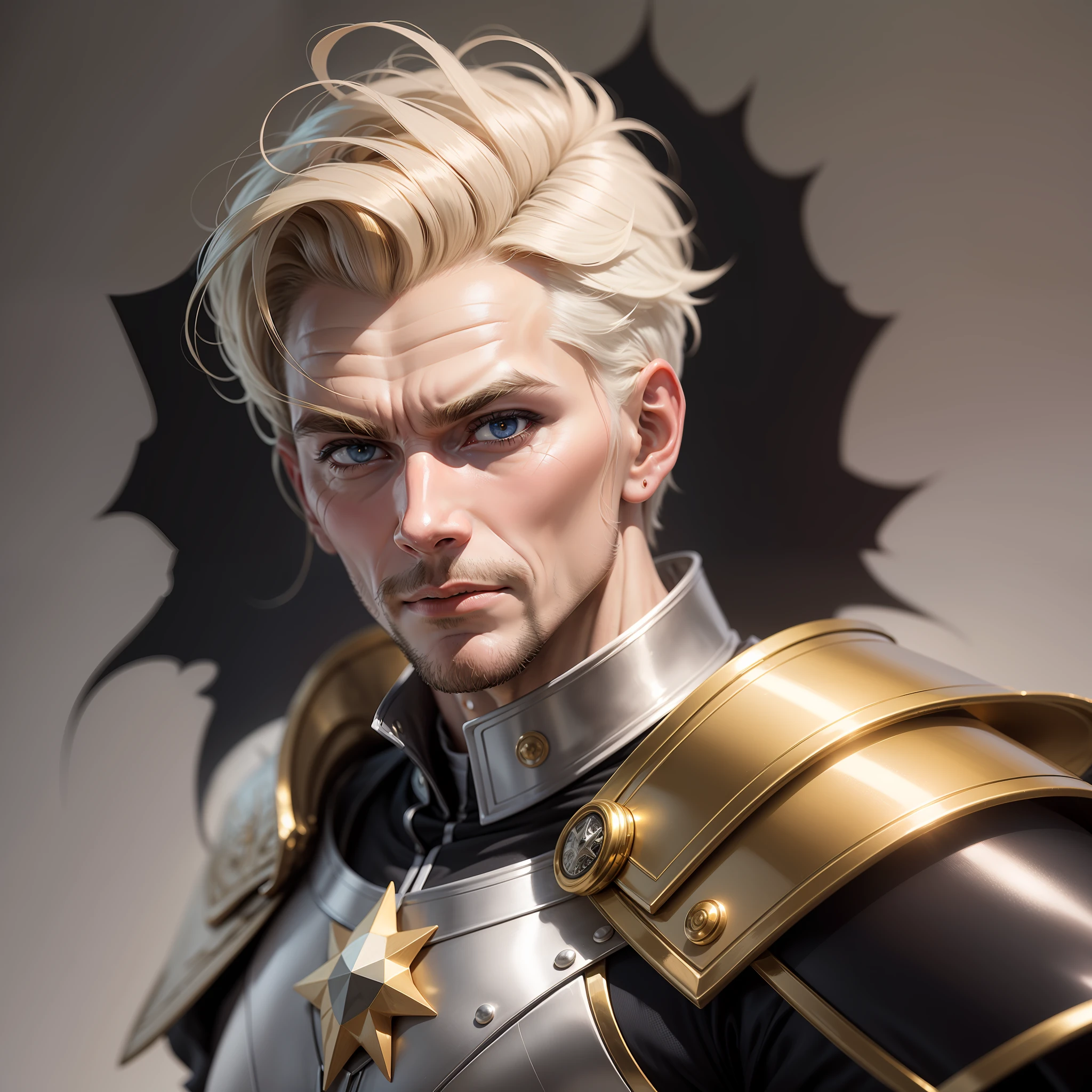 imagem realista de um homem loiro de 30 e poucos anos, Forte, Alto, Short blonde hair combed back and fixed with gel, olhos claros, dressed in black and white cleric's costumes and with golden shoulder pads, Fascinado, arte em estilo personagem de anime, Standing in a darkroom