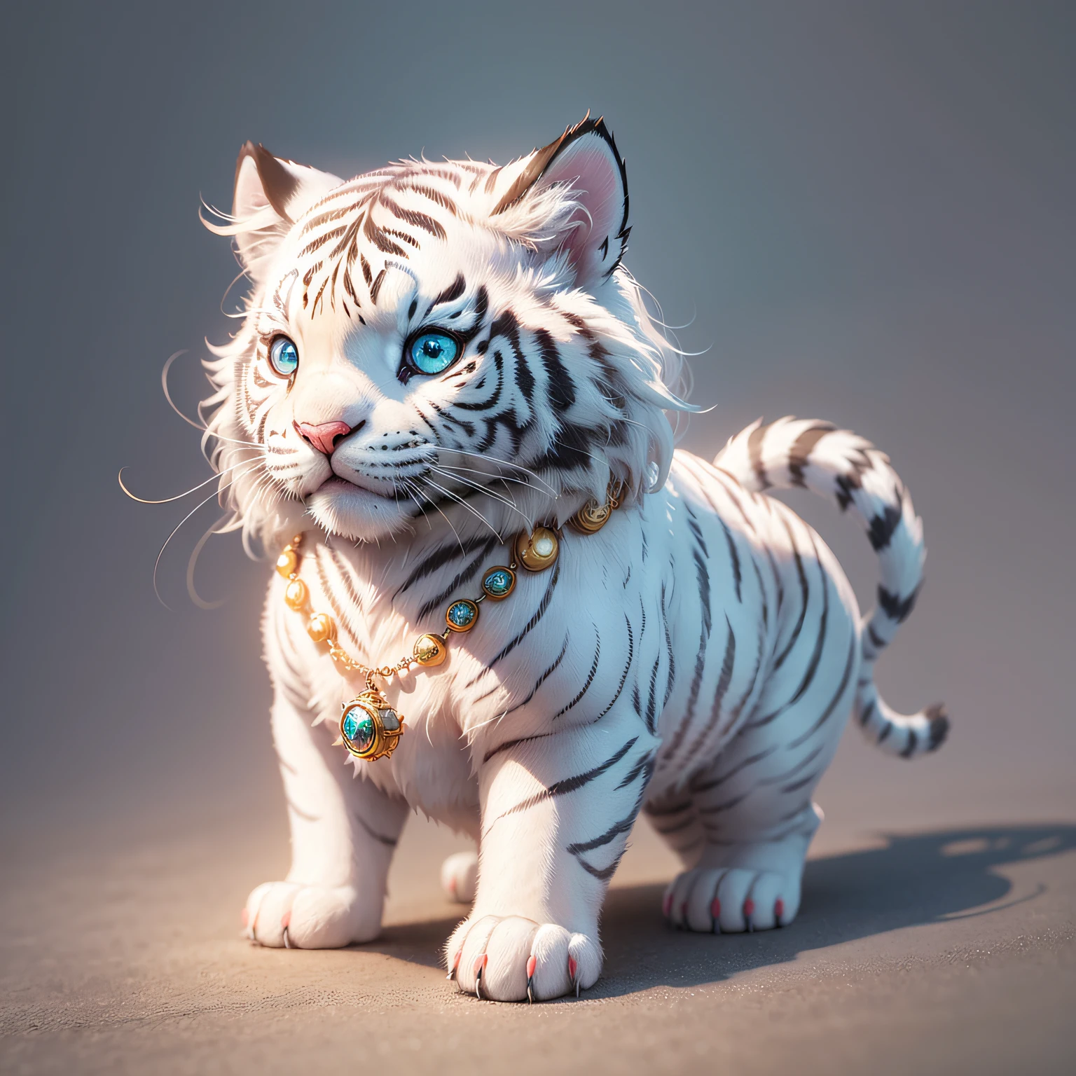 Gorgeous tiny hyperrealistic white tiger with eyes of different colors taking care of a necklace, Chibi, adorable and fluffy, design de logotipo, desenho animado, cinematic lighting effect, charmoso, arte vetorial 3D, fofo e peculiar, arte de fantasia, bokeh, hand-drawn, pintura digital, gentle lighting, isometric style, 4K resolution, photorealistic render, limpeza altamente detalhada, imagem vetorial, obra-prima fotorrealista, fotografia profissional, simple space backdrop, fundo branco liso, isometric, vetor vibrante, feito para um jogo --auto