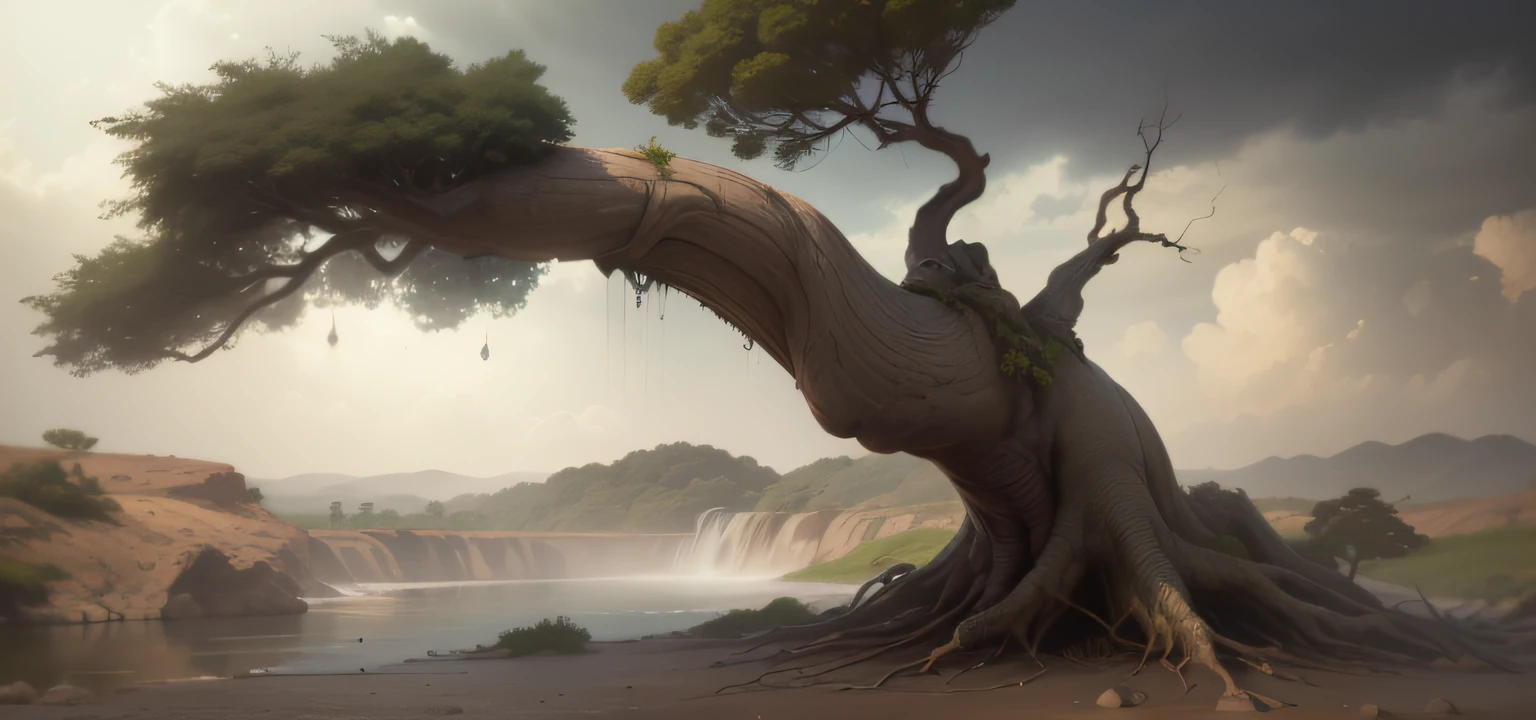 (masterpiece, best quality:1.2), ultra detailed, cinematic lighting, HDR, ilustration, um rio derrubando uma arvore --auto