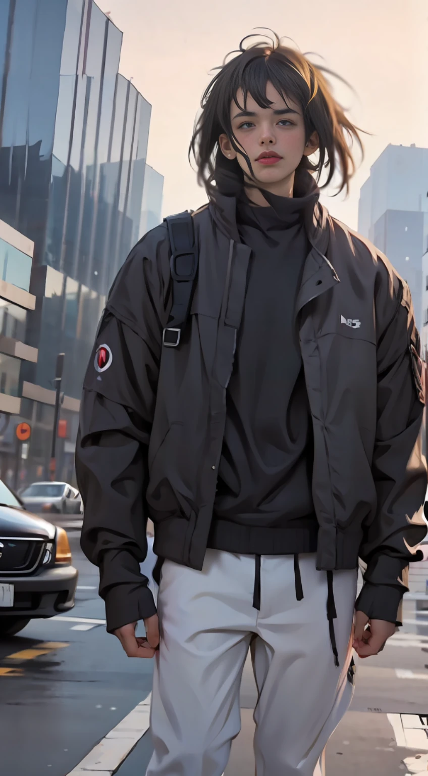 full body, arafed man in black jacket and white pants standing on street corner, cargo pants. cyberpunk city, standing tall, thin body, in a city street, Shifted Bangs Japanese Haircut, wearing urban techwear, realistic depiction, standing in a city center, an ultra realistic, promo image, techwear look and clothes, in city street, hyper-realistic, hyper - realistic, wojtek fus, hyper realistic style