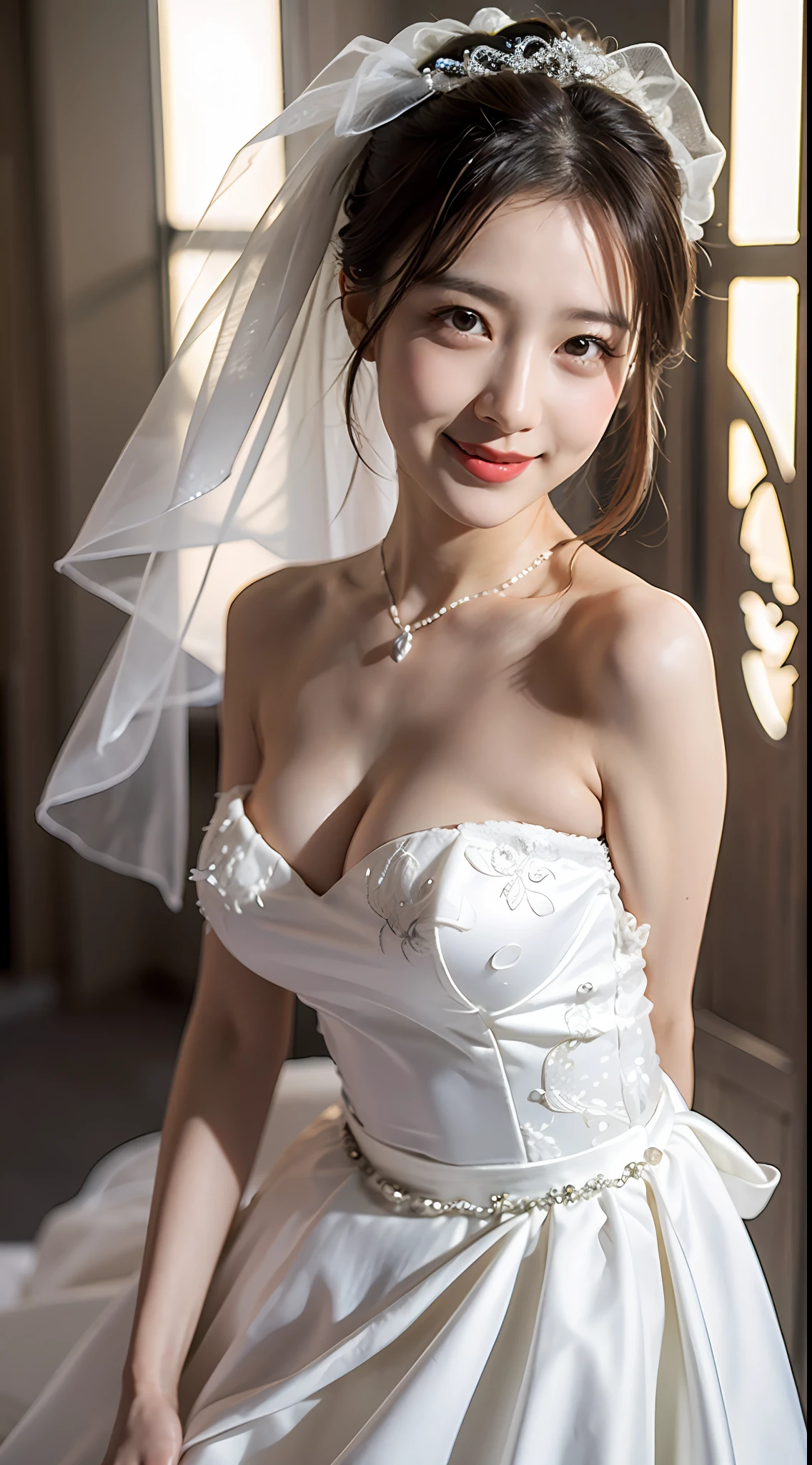 最佳质量,nmasterpiece,UltraHighResolution,(extremely lifelike:1.4),OriginalPhoto,Whitens the skin,simple background,Black eyes,Detail,selfee, 1个女孩,Sun'rays,Large breasts,Bandeau wedding dress,detailed eye,Smile with