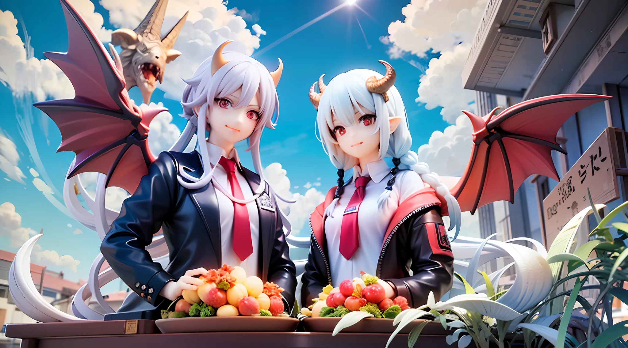 2  girls, Red eyes、Sharp eye light、red necktie、Black jacket、White shirt、Black miniskirt、Student uniforms、smile on face、White hair、Braids、Dragon Wings、Dragon's horn、Dragon's tail、Naturally、blue skies、white clouds、Mystical light, Upper body, Angle from below、Two dishes served