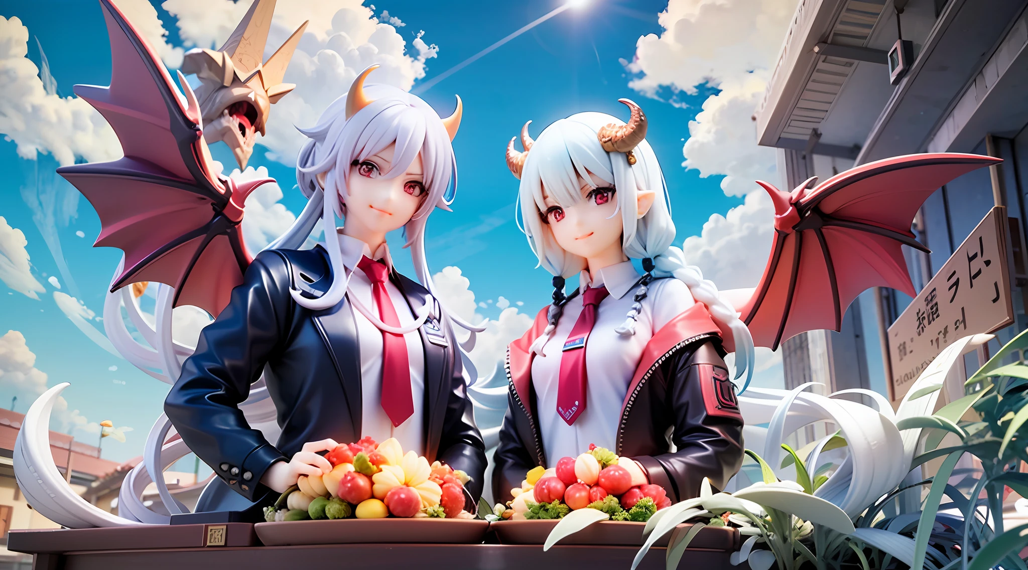 2 girls, Red eyes、Sharp eye light、red necktie、Black jacket、White shirt、Black miniskirt、Student uniforms、smile on face、White hair、Braids、Dragon Wings、Dragon's horn、Dragon's tail、Naturally、blue skies、white clouds、Mystical light, Upper body, Angle from below、Two dishes served