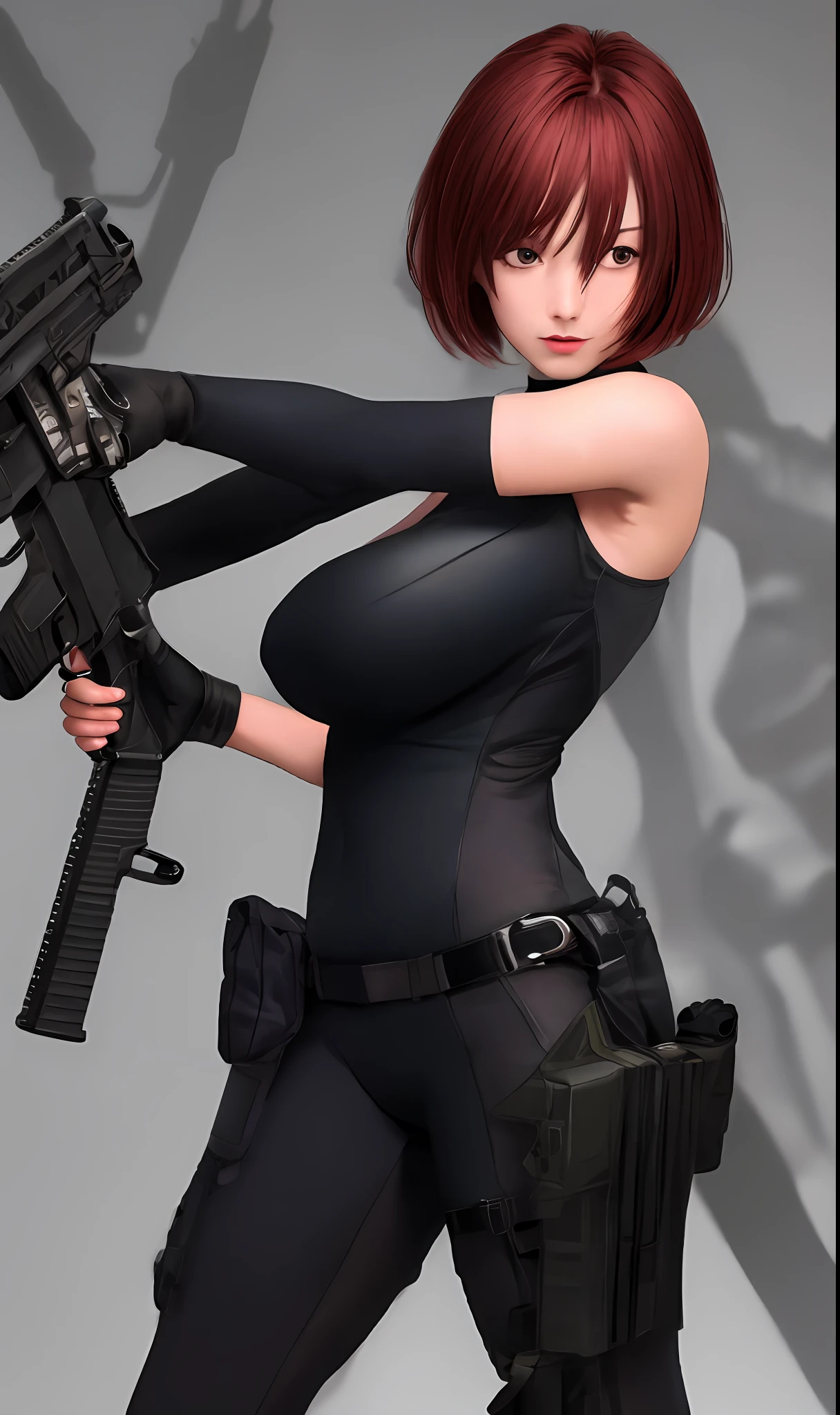 masterpiece, high-detail, sketch, reginaDC, regina, dino crisis, 1girl, female, athletic woman, (aim pose, fight with raptor, holding mp5, holding weapons), black bodysuit, gray fabric layer under bodysuit, young, bare shoulders, tactical fingerless gloves, huge breasts, skin tight leotard