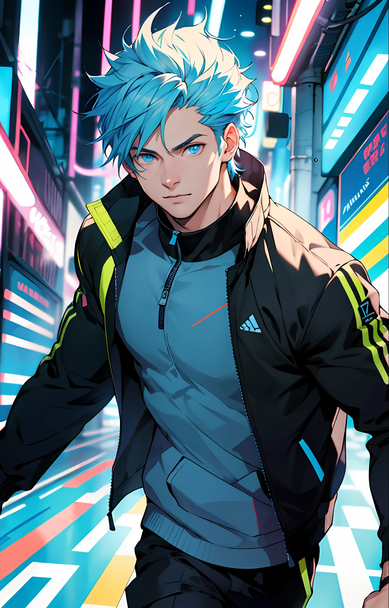 (masterpiece,best quality,absurdres ), 1man, muscular, detailed eyes, blue eyes, open jacket, running to camera, upper body, (fluorescent lamp),(colorful), ((abstract background)),