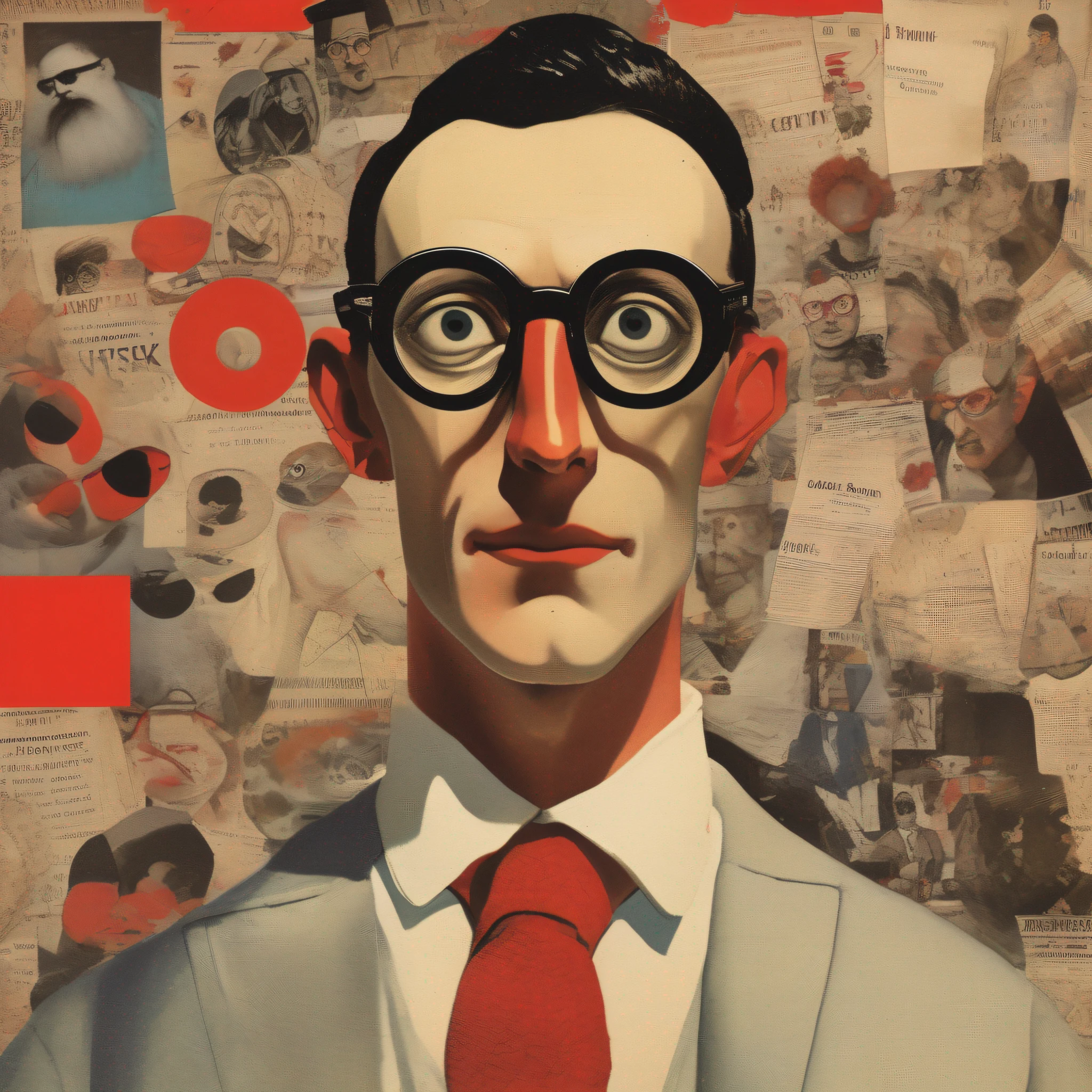 a magazine cover with a man with red glasses on it, inspirado em Leon Chwistek, Raoul Hausmann, inspired by Leon Wyczółkowski, inspirado em Leo Leuppi, arte profissional, inspired by Karel Klíč, artista desconhecido, inspired by Hannah Höch, inspirado em Alexander Rodchenko, inspired by Ivan Generalić