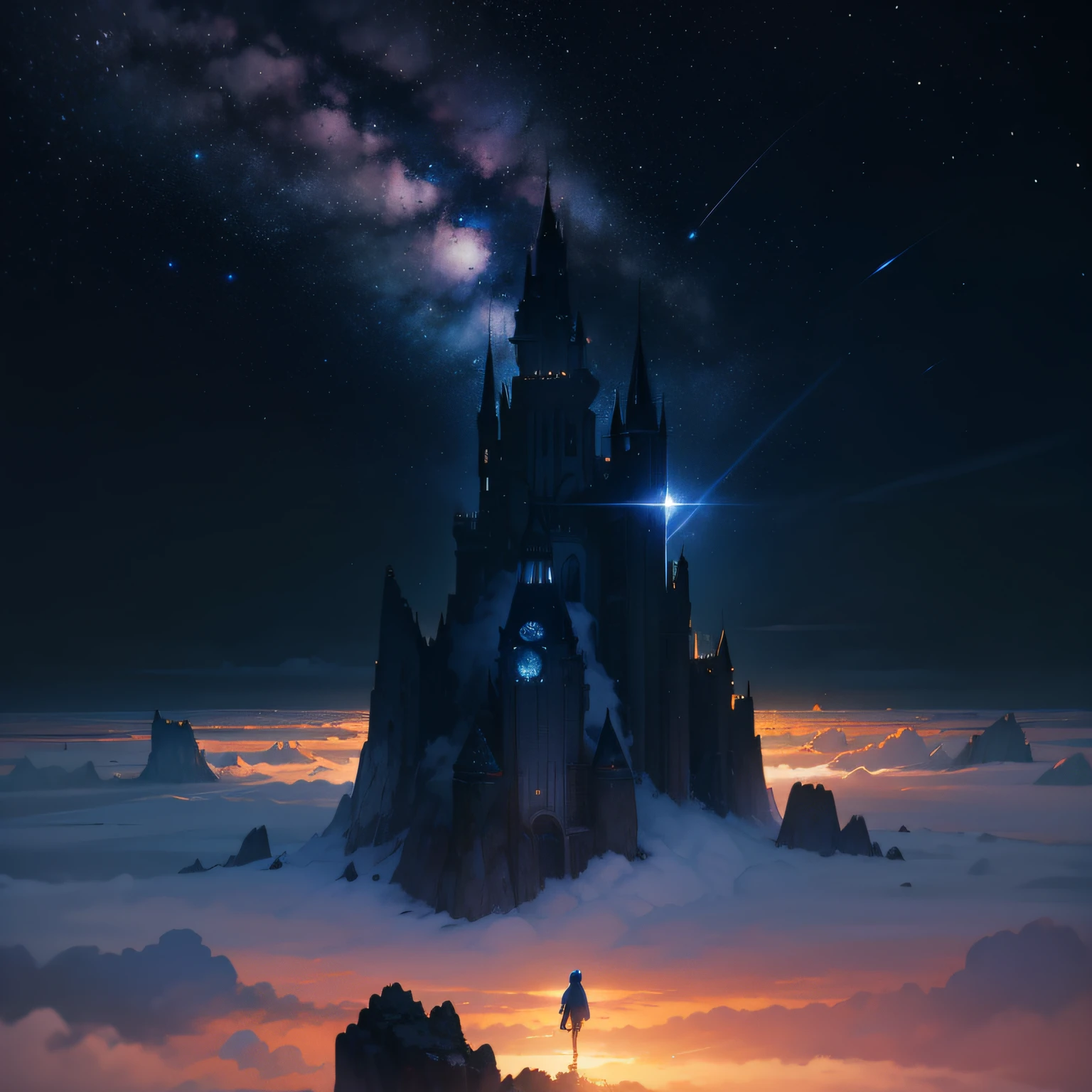Uma pintura do oceano com ceu estrelado, estrelas brilhante, ceu noturno, pequeno barco no horizonte, arte conceitual inspirada em Tosa Mitsuoki, vencedor do concurso pixiv, melhor qualidade, arte de fantasia, bela cena de anime, uma estrela brilhante azul, ambiente estrelado ao luar, pintura de sonho, Anime Background Art, Fantasy Landscape Art, Fantasy Night, Anime Background, Background Artwork, Fantastic Art, atmospheric anime, Starry Sky, Detalhe Aprimorado.