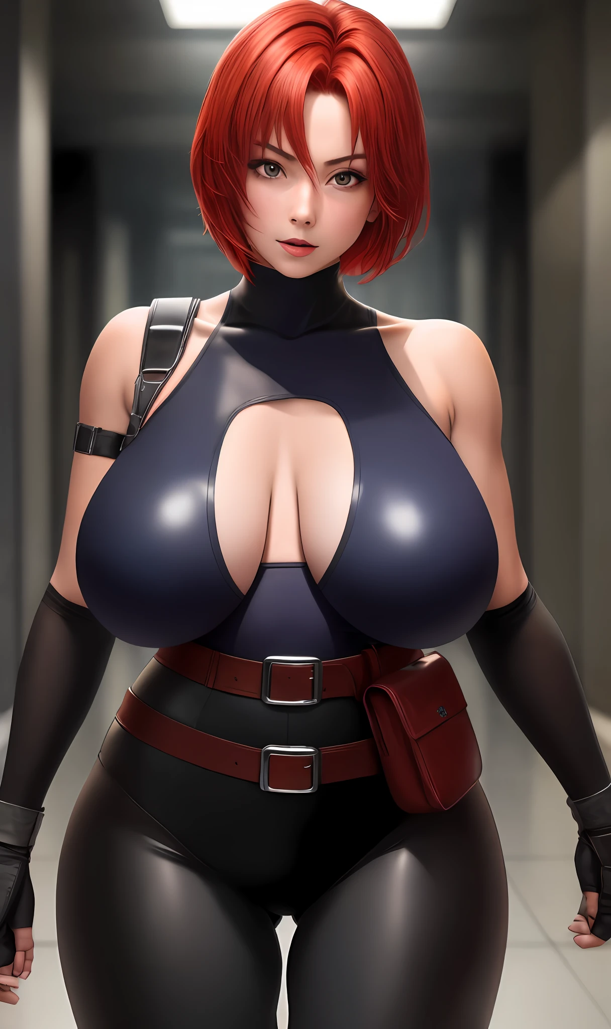 masterpiece, high-detail,  reginaDC, regina, dino crisis, 1girl, female, athletic woman,short red hair, sexy expression, weapons attached to belts, black bodysuit, gray fabric layer under bodysuit, young, bare shoulders, tactical fingerless gloves, huge breasts, skin tight leotard