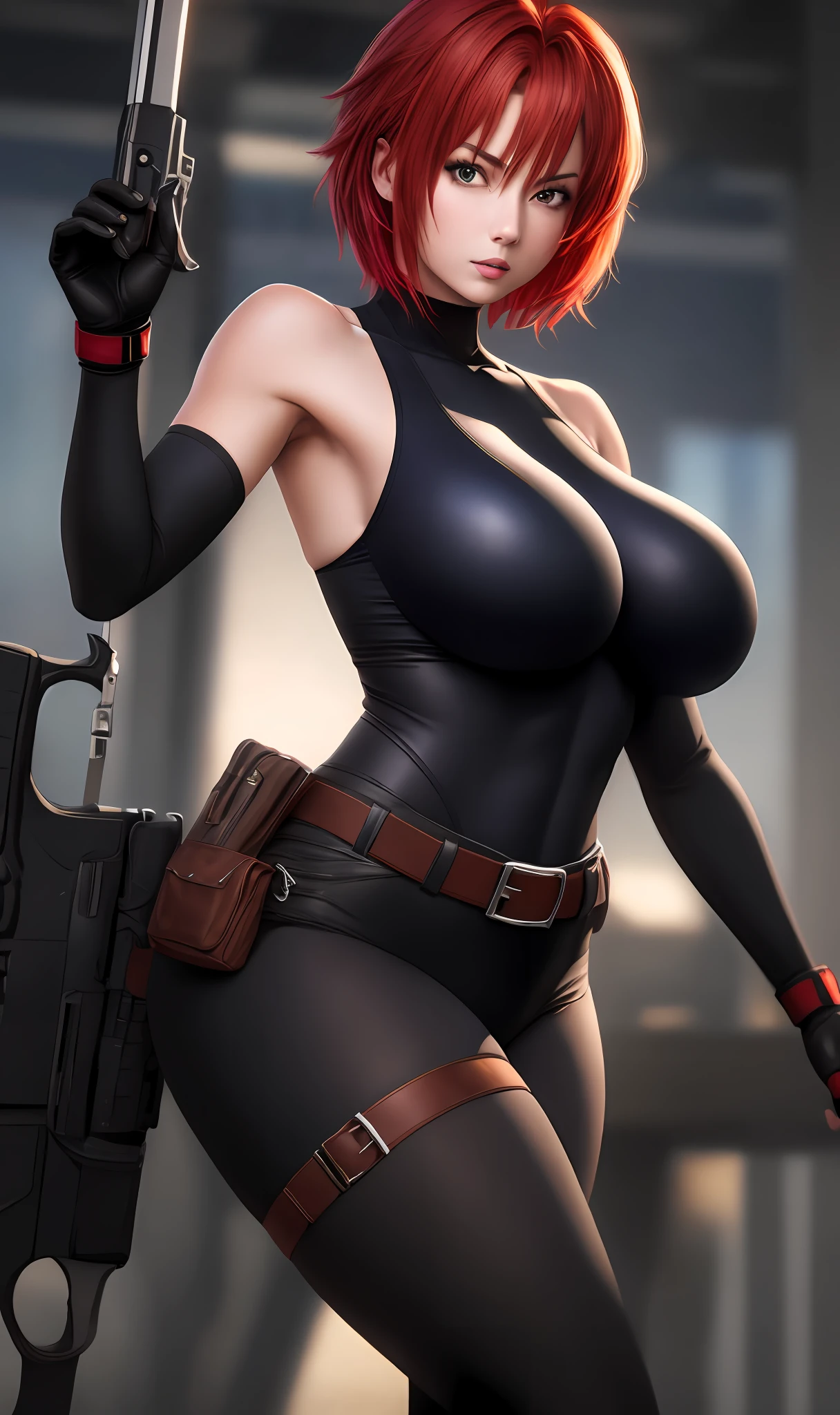 masterpiece, high-detail, reginaDC, regina, dino crisis, 1girl, female, athletic woman,short red hair, sexy expression, weapons attached to belts, black bodysuit, gray fabric layer under bodysuit, young, bare shoulders, tactical fingerless gloves, huge breasts, skin tight leotard