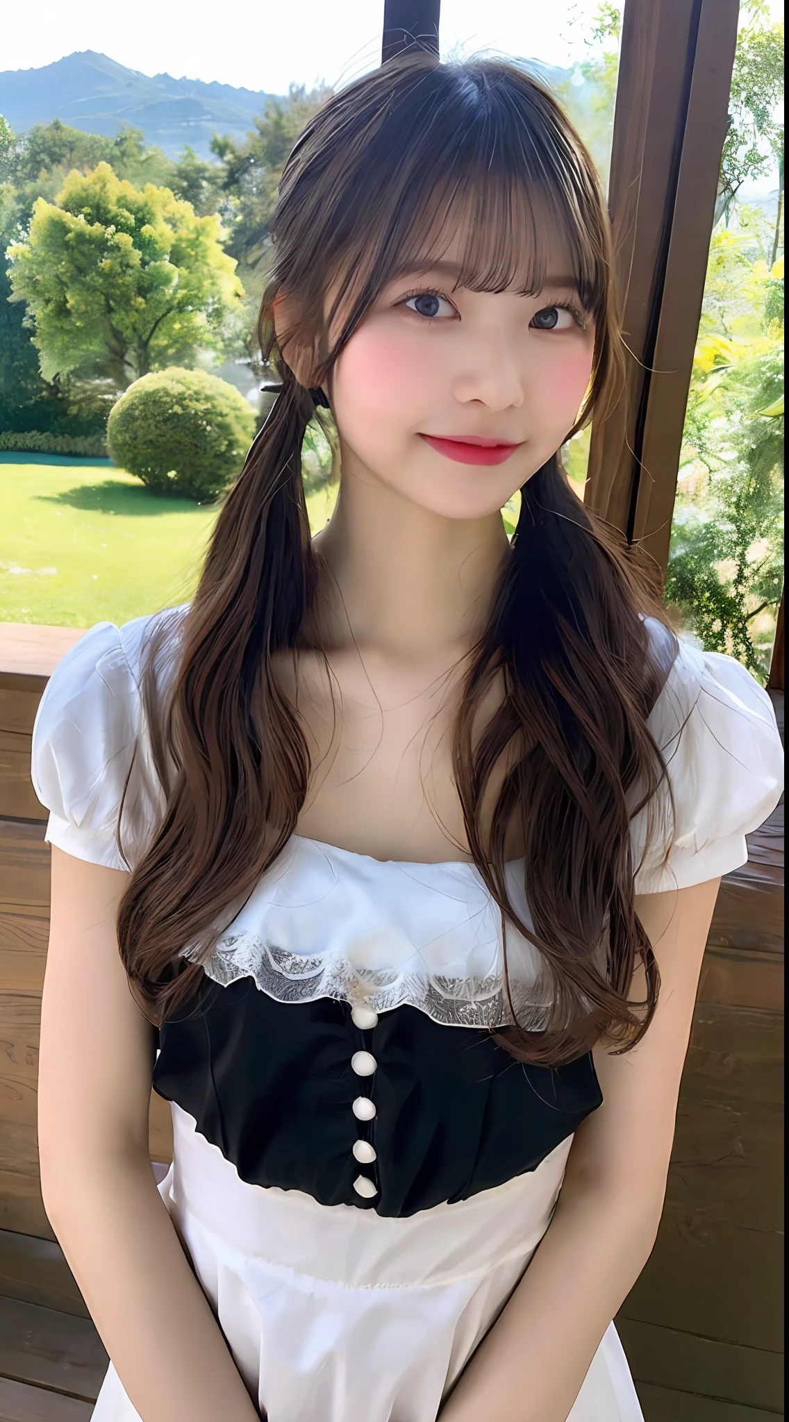 ((Best Picture Quality, 8K, nmasterpiece:1.3)), 1girls, Beautiful woman with slender abs:1.3, (Casual hairstyle, No leakage of big breasts:1.2), one piece dress:1.1, Ultra-fine face, detailed eye, 双眼皮，Smile with，A masterpiece at home, Best quality, Top quality, UltraHighResolution, Lolita_Dress, 1girls, Elaborate Eyes，delicately formed hands, Perfect skin（Skin of natural color），Slim，Model figure，Absurde，Very fine，above the mountains，woods，Cutes，beatifull，double ponytails，maid，silk stockingsa，Deep V clothes，Seducting